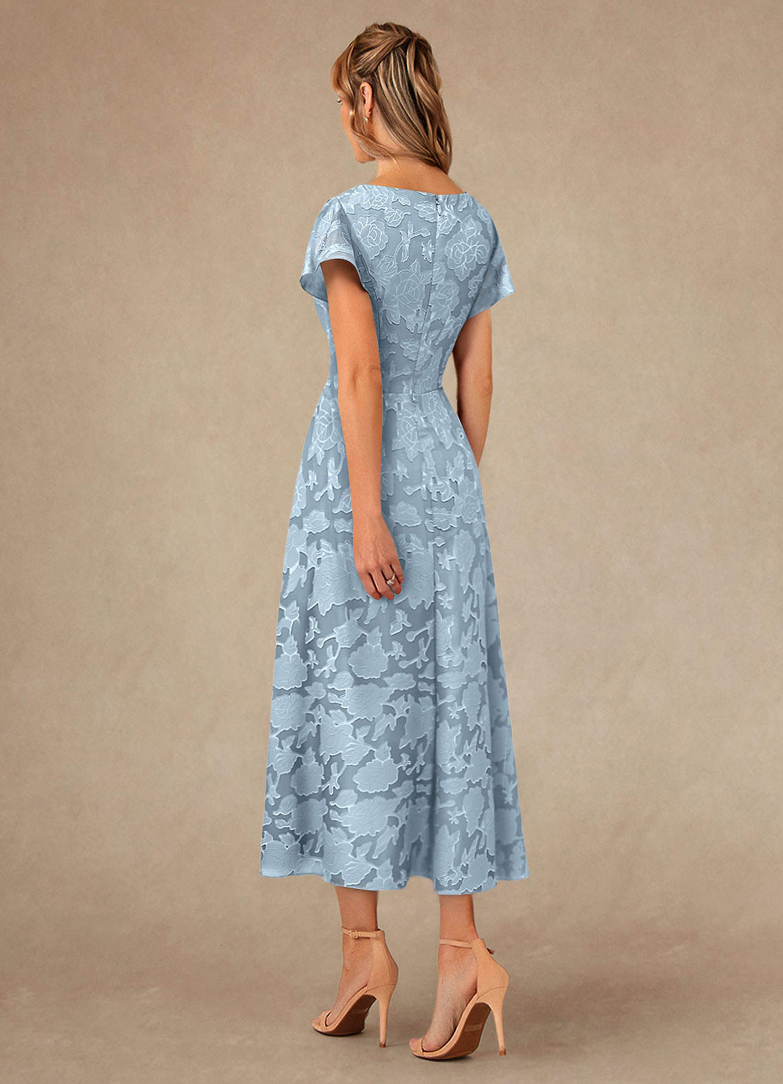 Vera A-Line V-Neck Floral Burnout Mother of the Bride Dress in Sky Blue