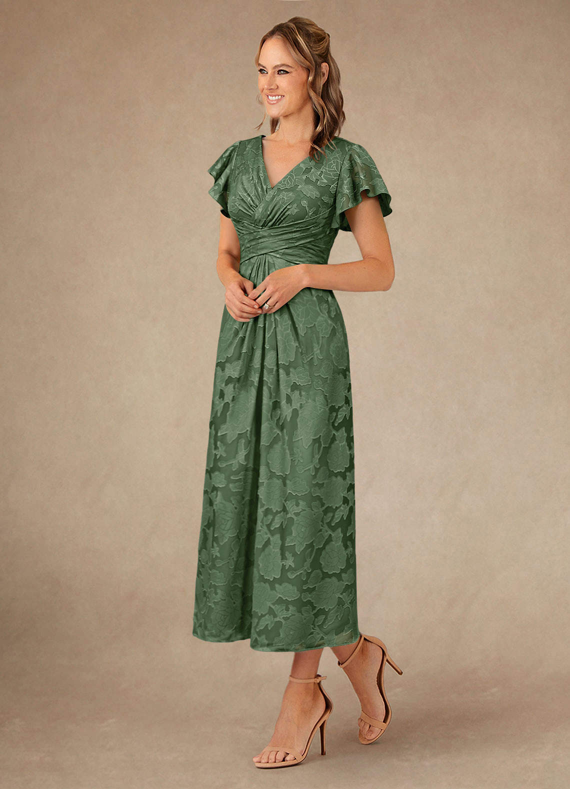 Vera A-Line V-Neck Floral Burnout Mother of the Bride Dress in eucalyptus