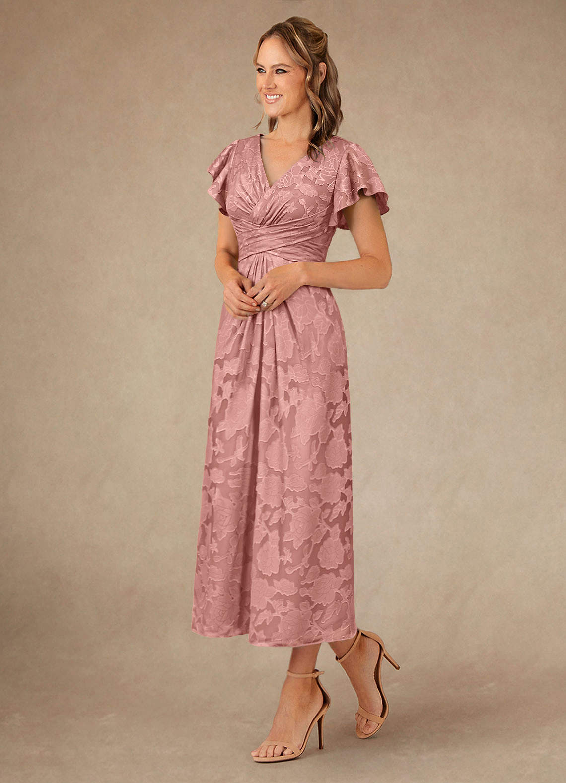 Vera A-Line V-Neck Floral Burnout Mother of the Bride Dress in Rosette