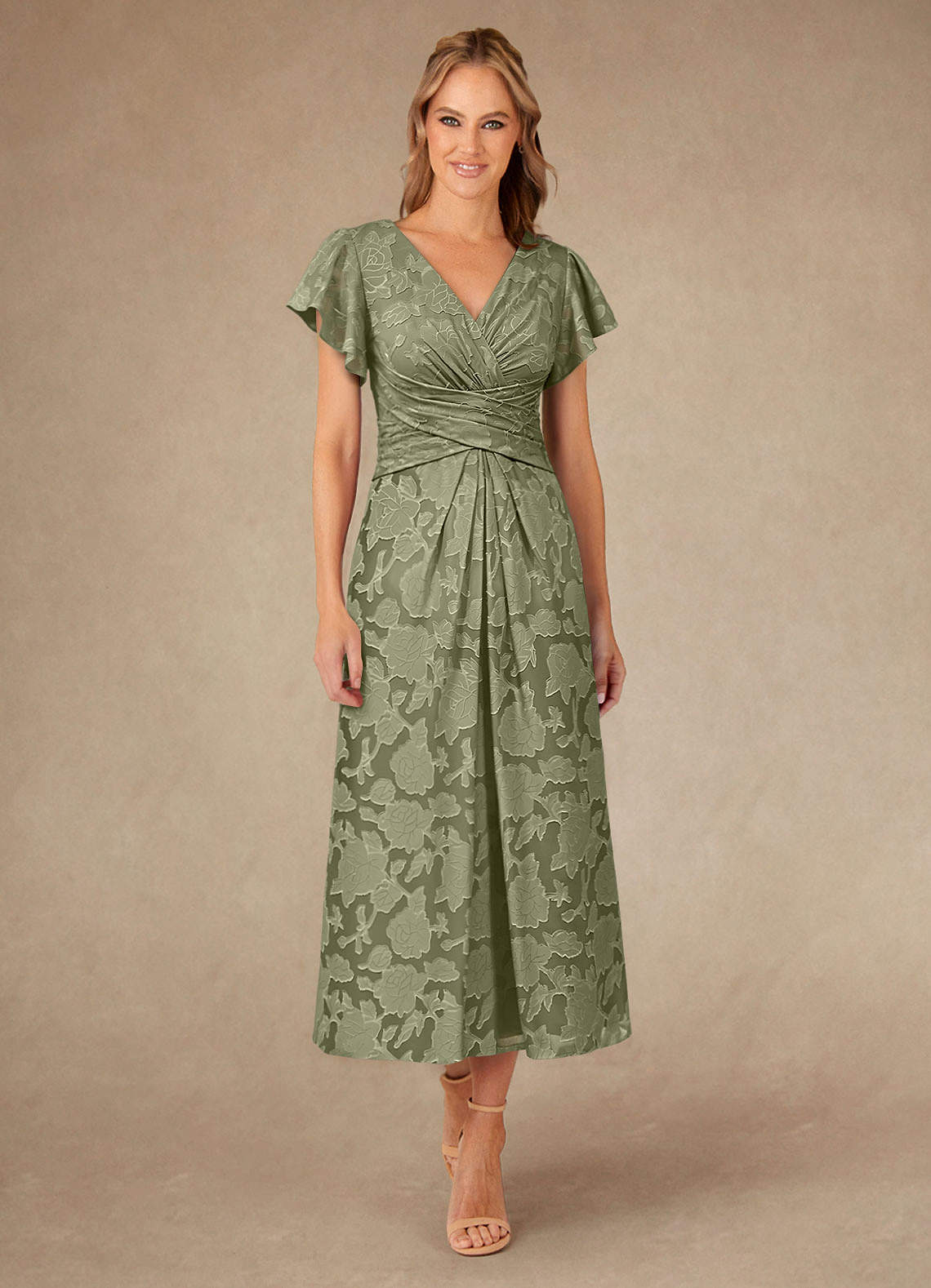 Vera A-Line V-Neck Floral Burnout Mother of the Bride Dress in Pistachio
