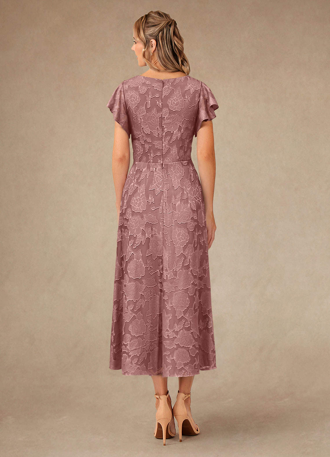 Vera A-Line V-Neck Floral Burnout Mother of the Bride Dress in Dusty Rose