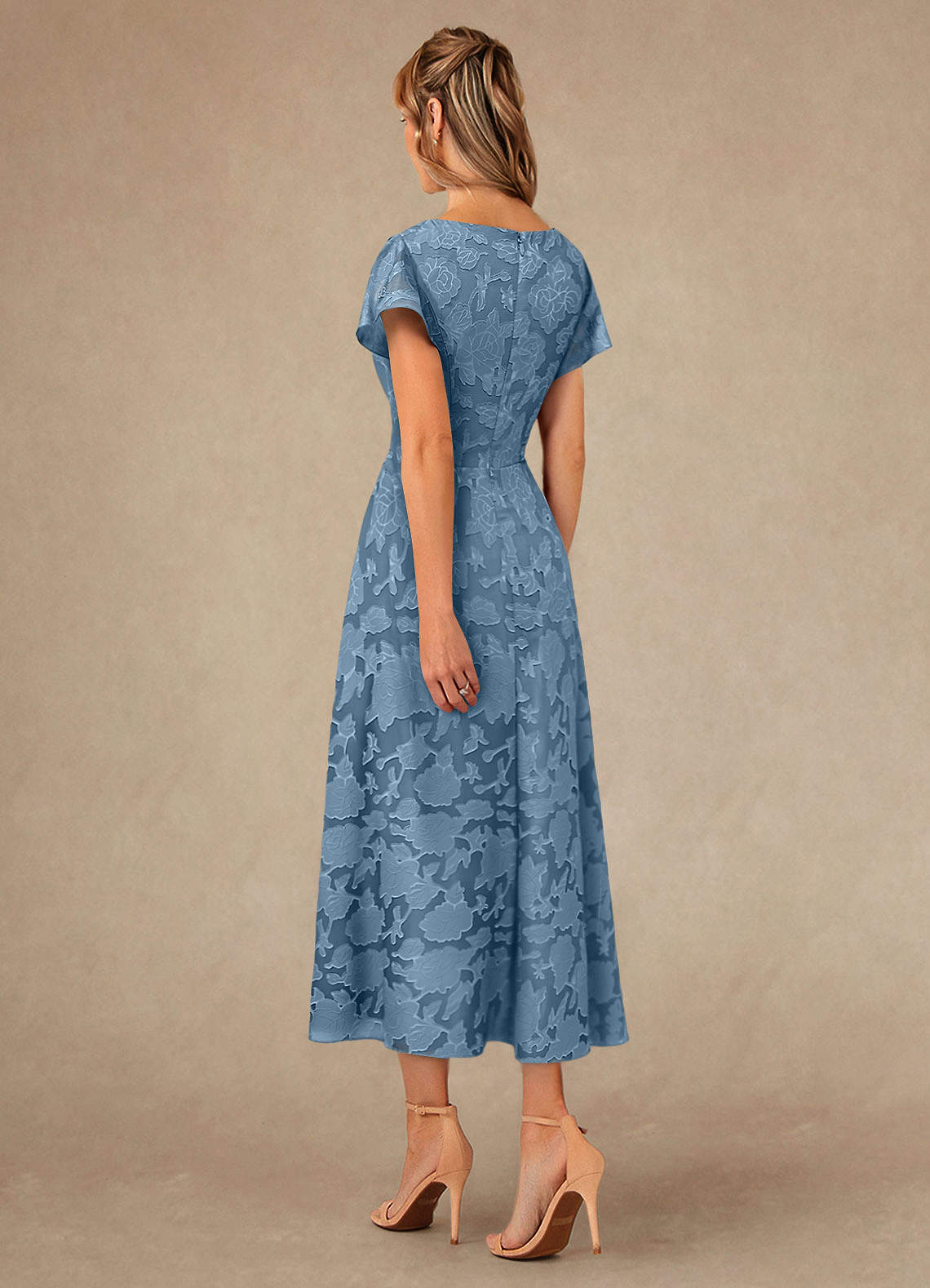 Vera A-Line V-Neck Floral Burnout Mother of the Bride Dress in Steel Blue