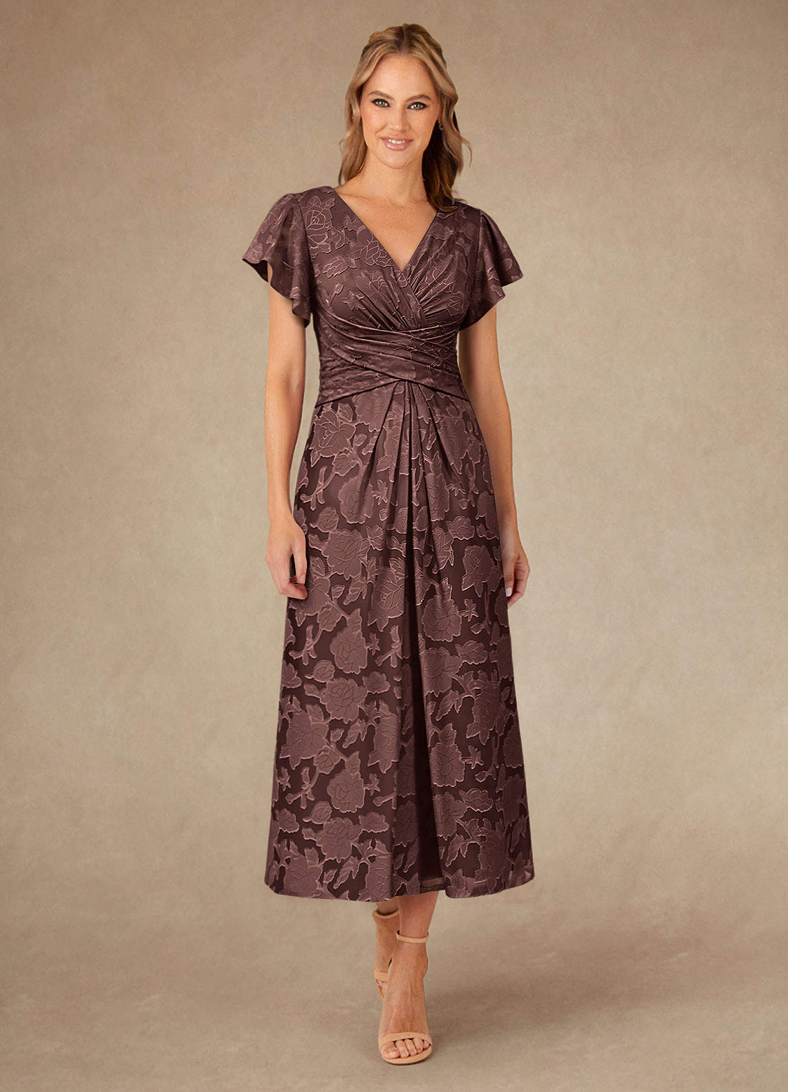 Vera A-Line V-Neck Floral Burnout Mother of the Bride Dress in Espresso