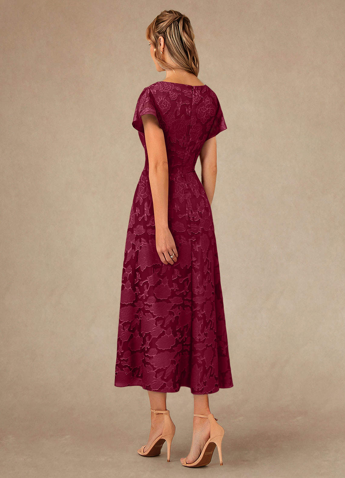 Vera A-Line V-Neck Floral Burnout Mother of the Bride Dress in Burgundy