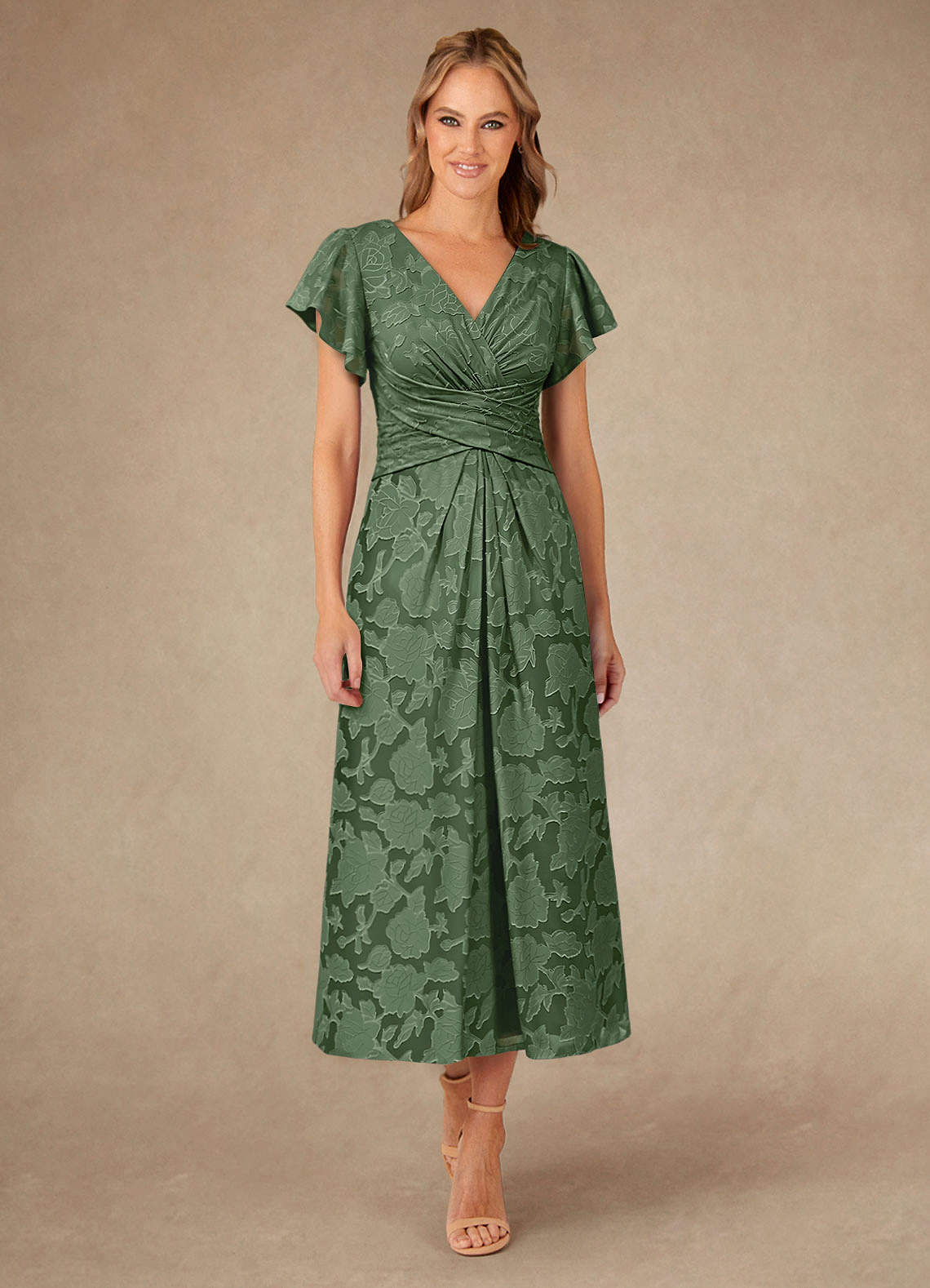 Vera A-Line V-Neck Floral Burnout Mother of the Bride Dress in eucalyptus