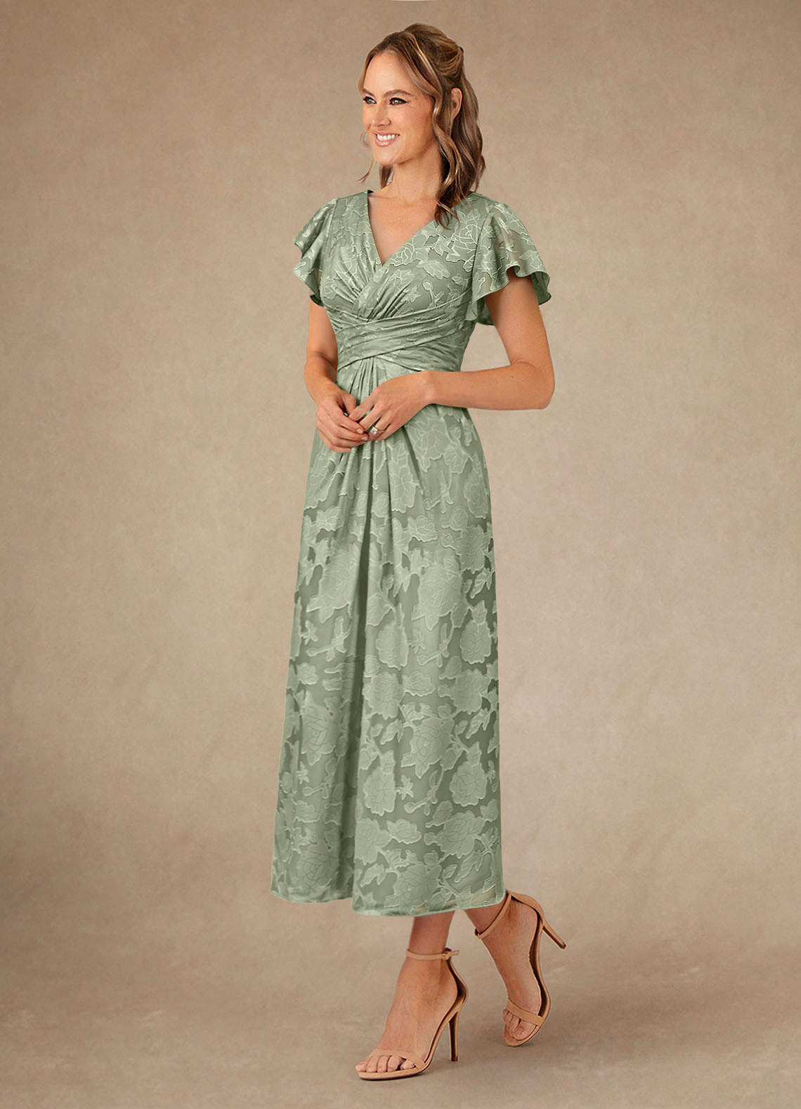 Vera A-Line V-Neck Floral Burnout Mother of the Bride Dress in Agave