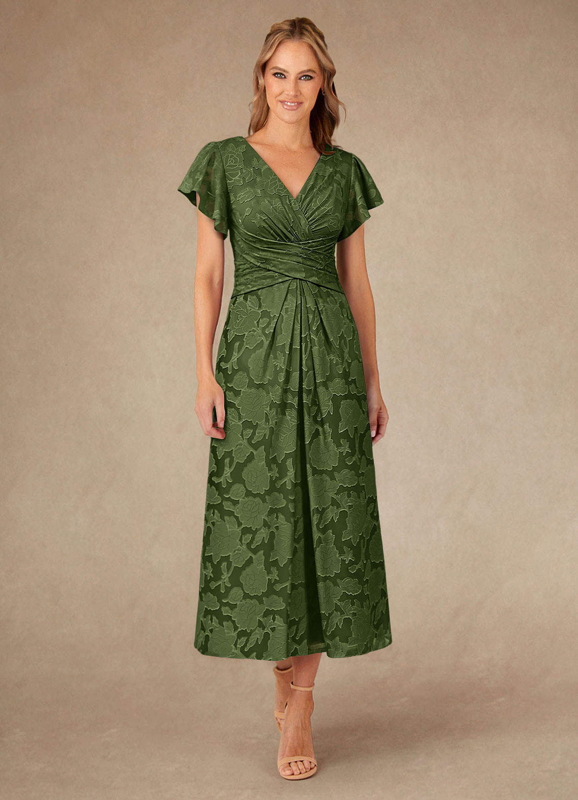 Vera A-Line V-Neck Floral Burnout Mother of the Bride Dress in Olive