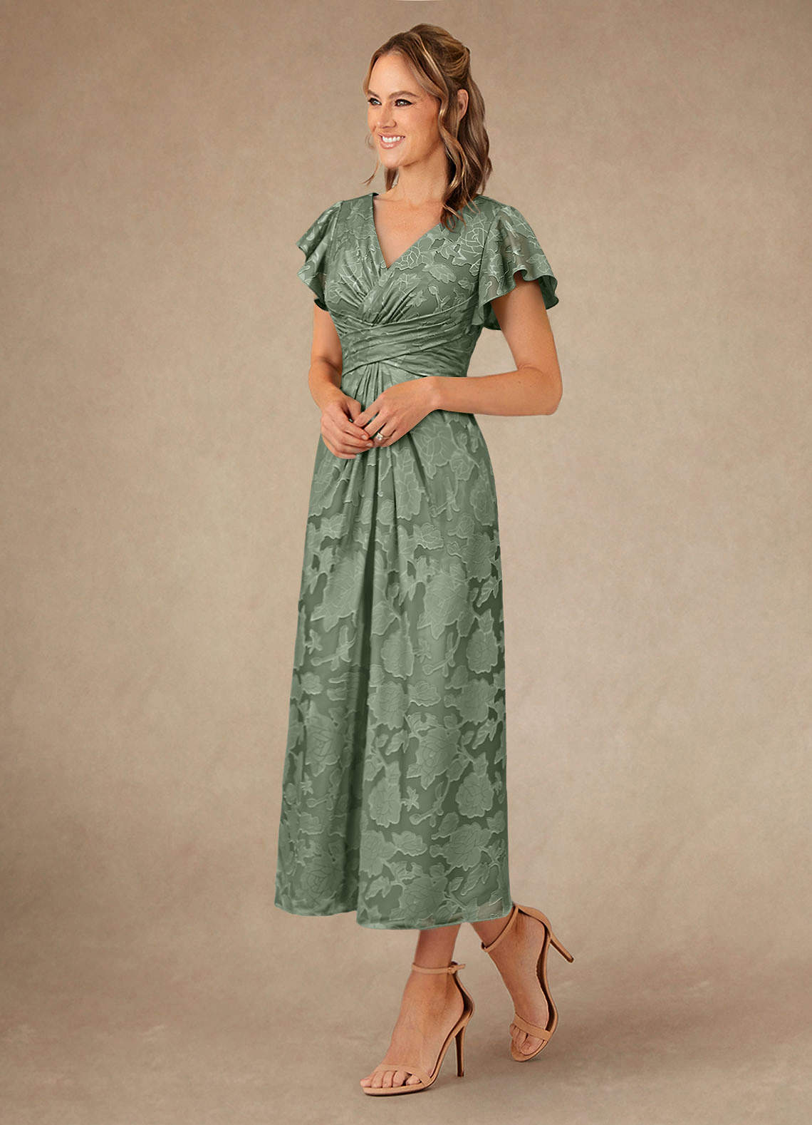 Vera A-Line V-Neck Floral Burnout Mother of the Bride Dress in matcha