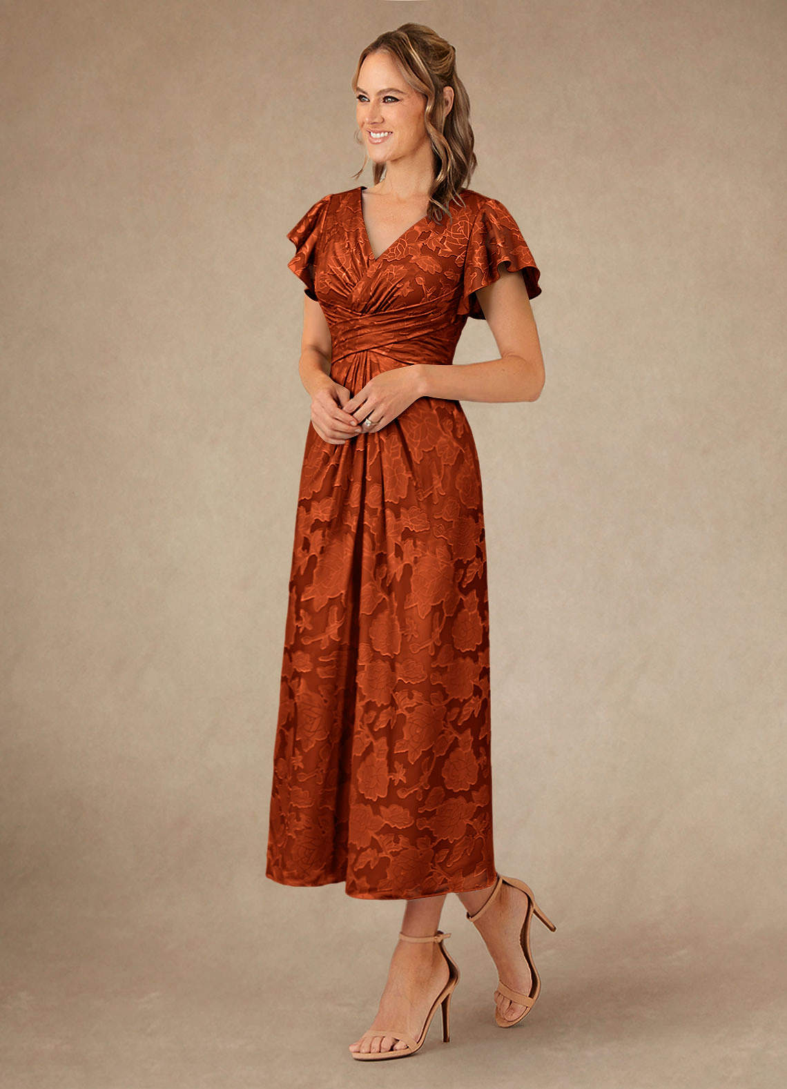 Vera A-Line V-Neck Floral Burnout Mother of the Bride Dress in Paprika