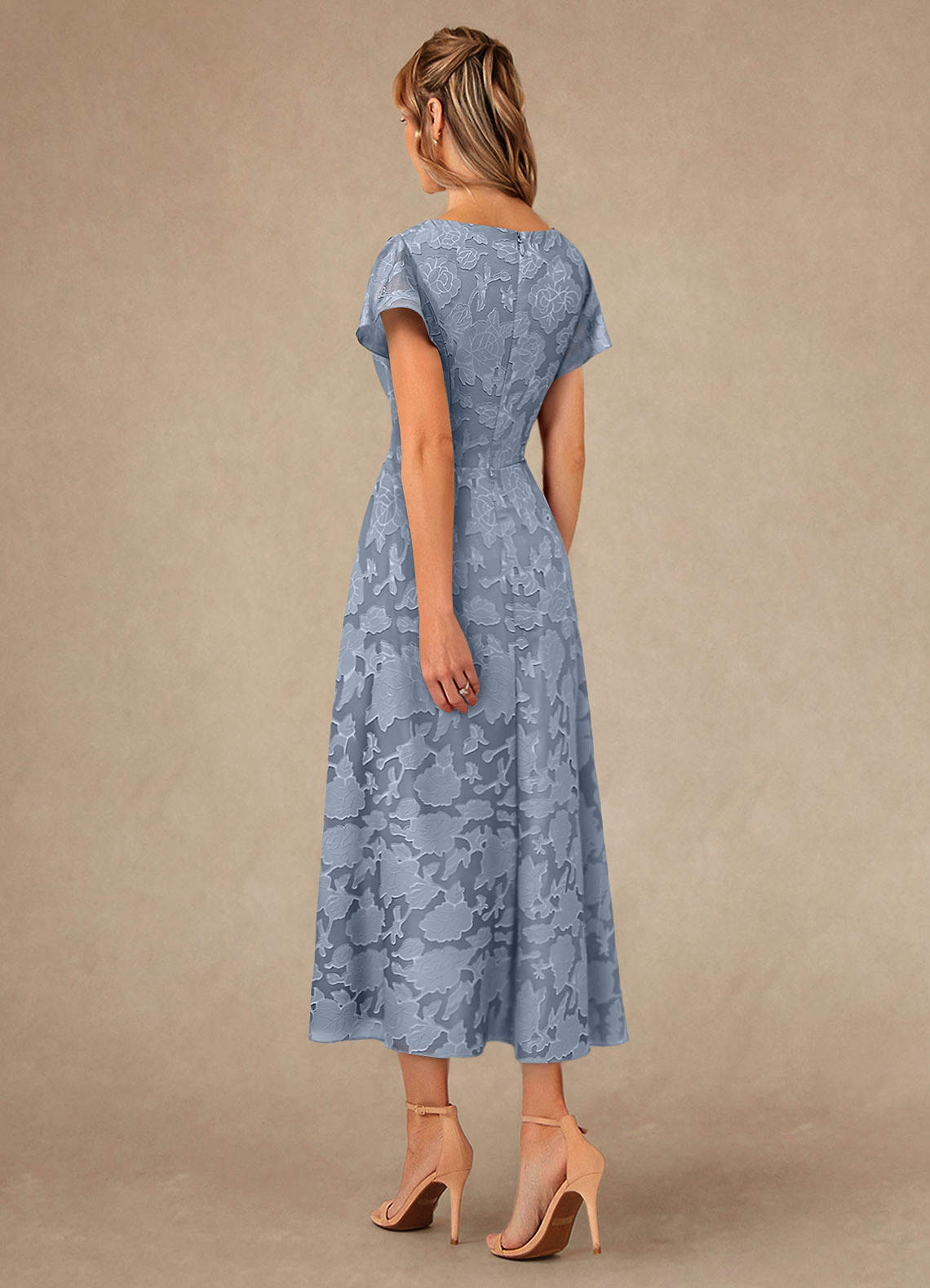 Vera A-Line V-Neck Floral Burnout Mother of the Bride Dress in dusty blue