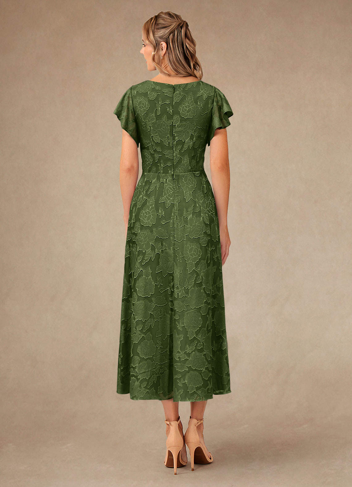 Vera A-Line V-Neck Floral Burnout Mother of the Bride Dress in Olive