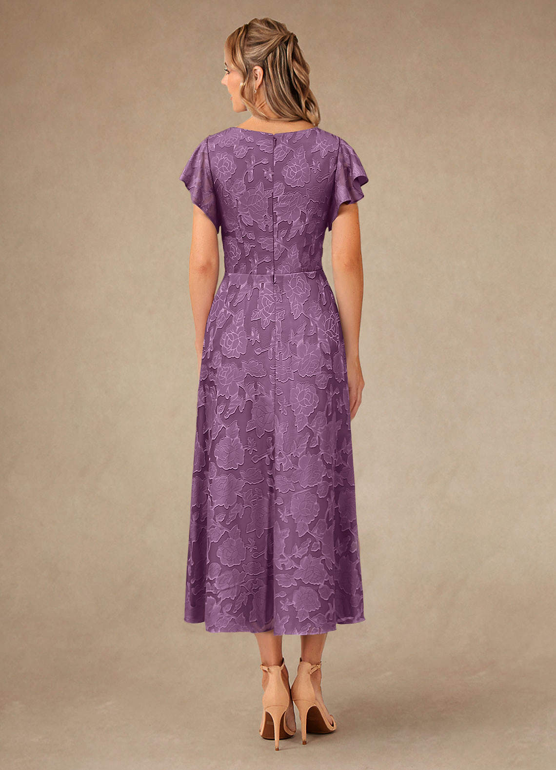 Vera A-Line V-Neck Floral Burnout Mother of the Bride Dress in Wisteria
