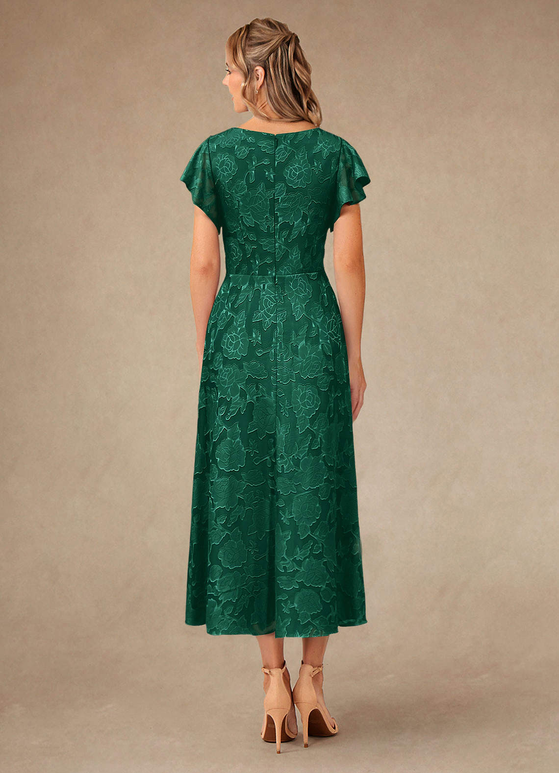 Vera A-Line V-Neck Floral Burnout Mother of the Bride Dress in Emerald
