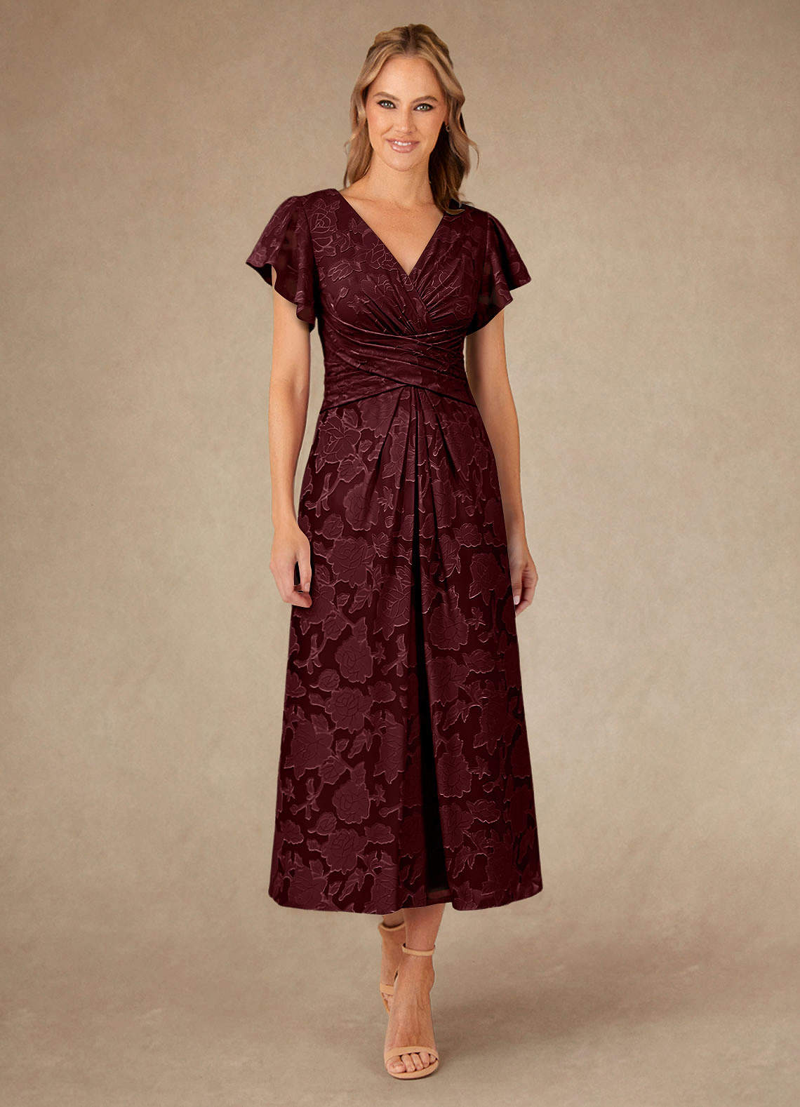 Vera A-Line V-Neck Floral Burnout Mother of the Bride Dress in Cabernet