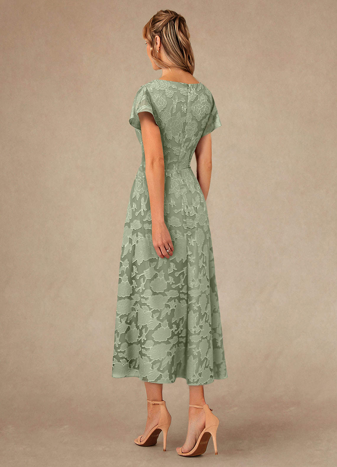 Vera A-Line V-Neck Floral Burnout Mother of the Bride Dress in Agave