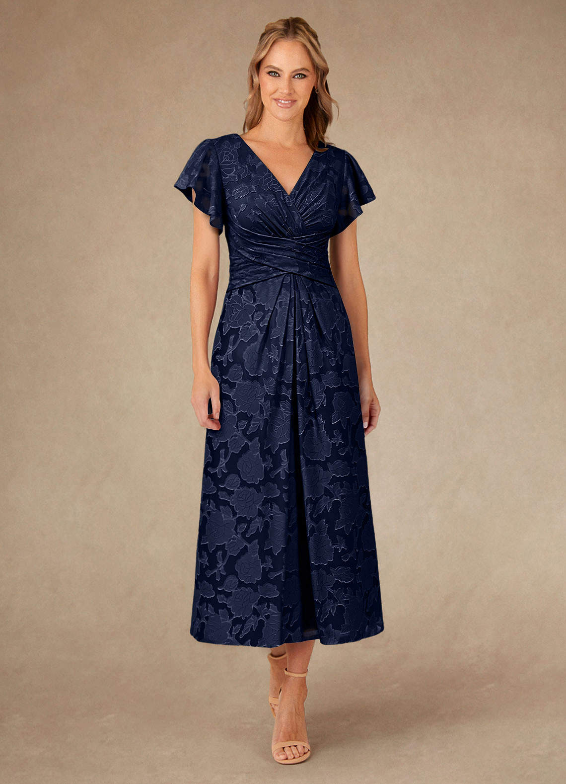 Vera A-Line V-Neck Floral Burnout Mother of the Bride Dress in Dark Navy