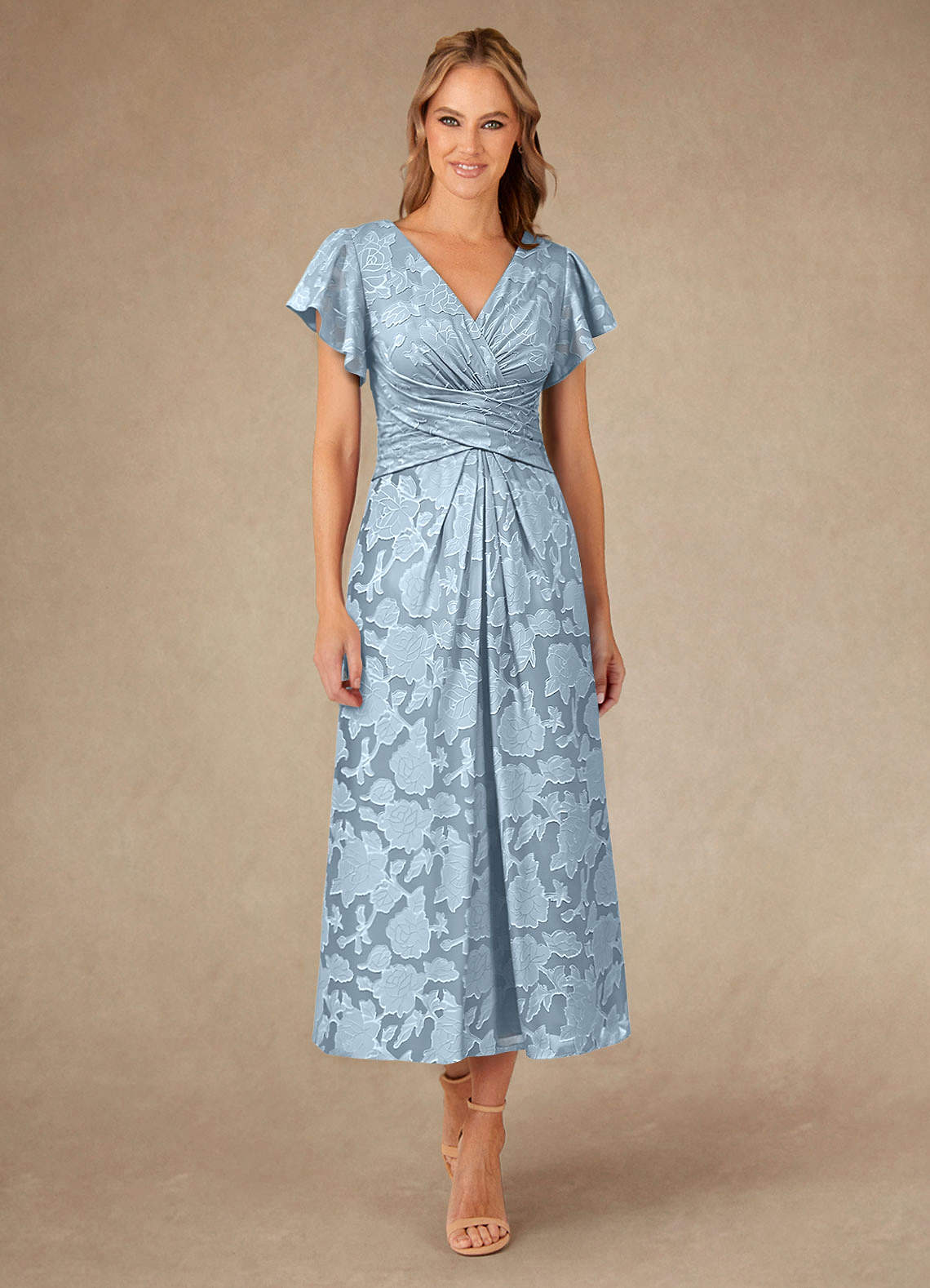 Vera A-Line V-Neck Floral Burnout Mother of the Bride Dress in Sky Blue