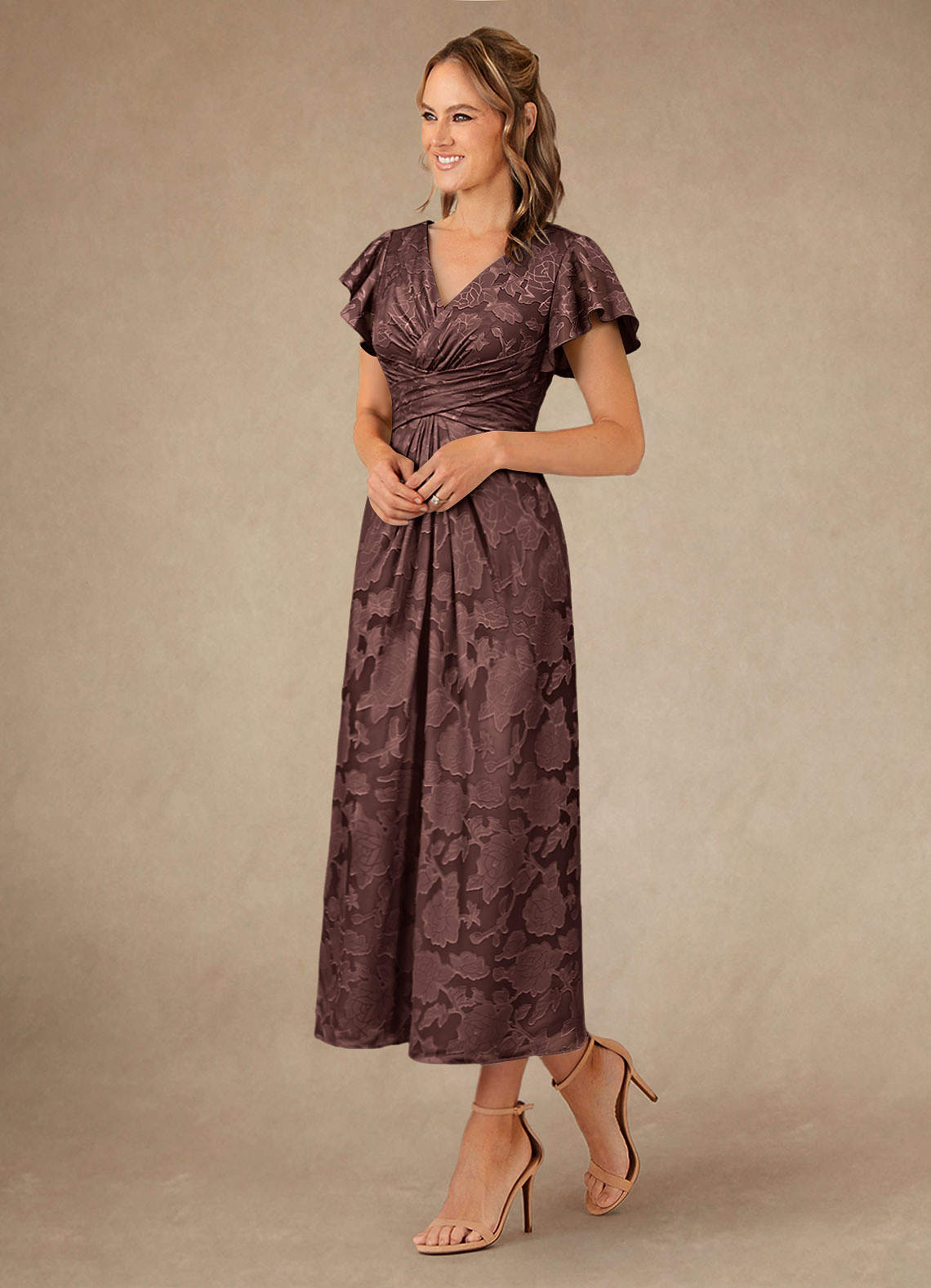 Vera A-Line V-Neck Floral Burnout Mother of the Bride Dress in Espresso