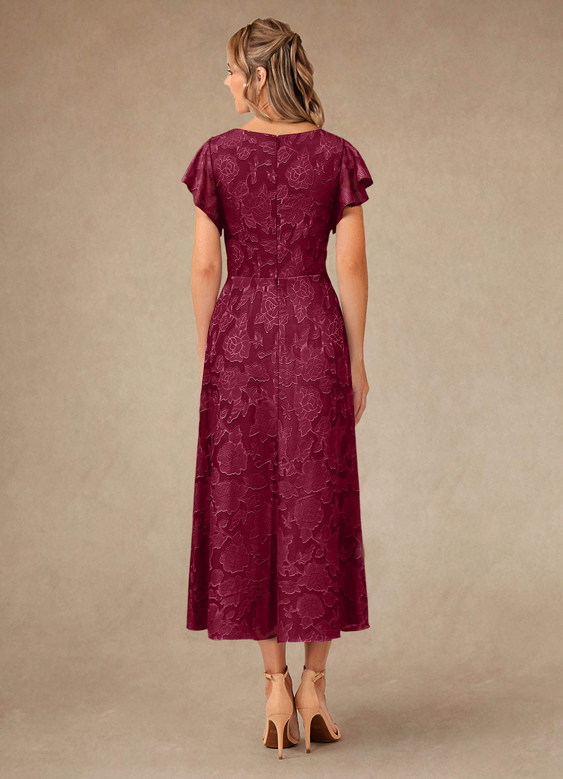 Vera A-Line V-Neck Floral Burnout Mother of the Bride Dress in Burgundy