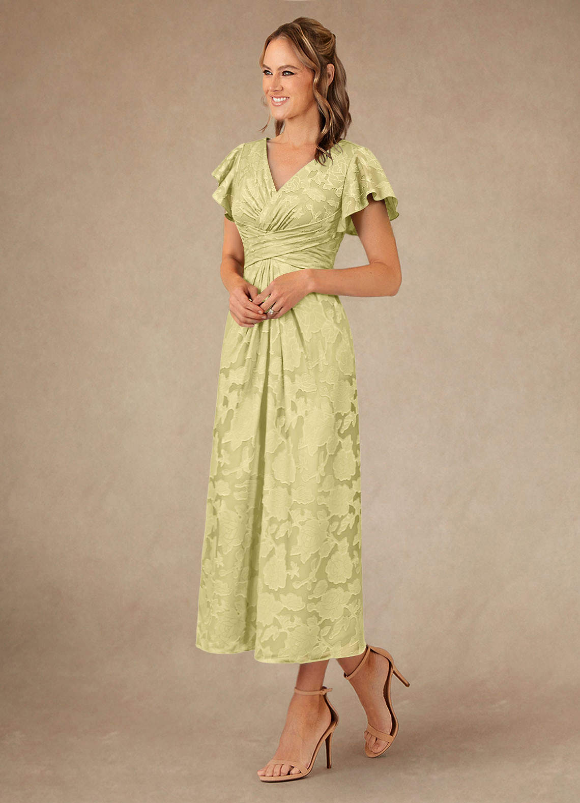 Vera A-Line V-Neck Floral Burnout Mother of the Bride Dress in Lemon Sorbet