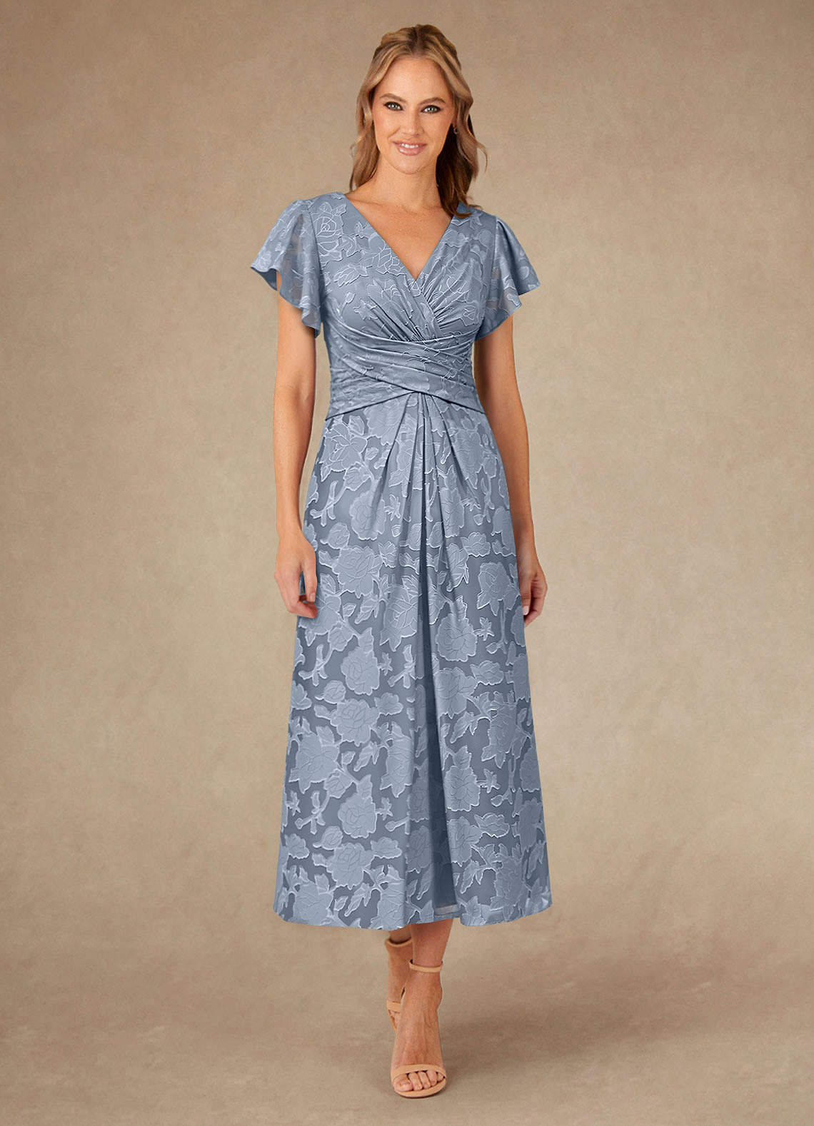 Vera A-Line V-Neck Floral Burnout Mother of the Bride Dress in dusty blue
