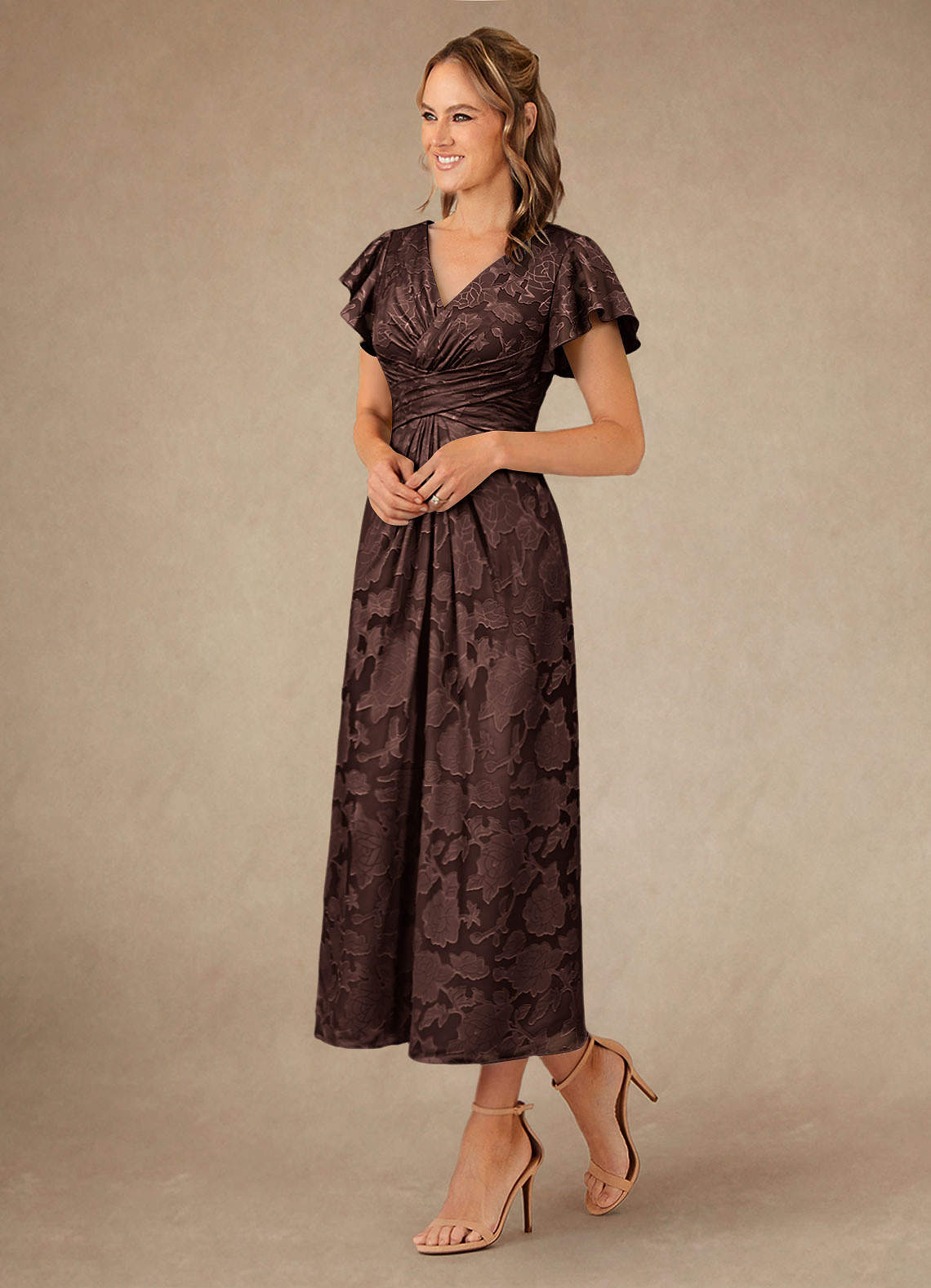 Vera A-Line V-Neck Floral Burnout Mother of the Bride Dress in black