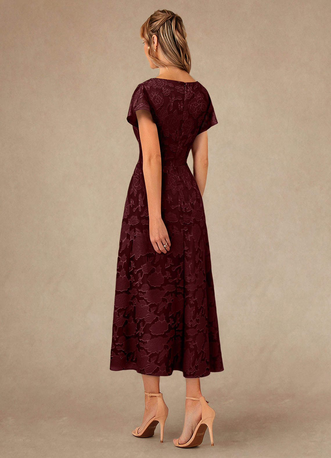 Vera A-Line V-Neck Floral Burnout Mother of the Bride Dress in Cabernet