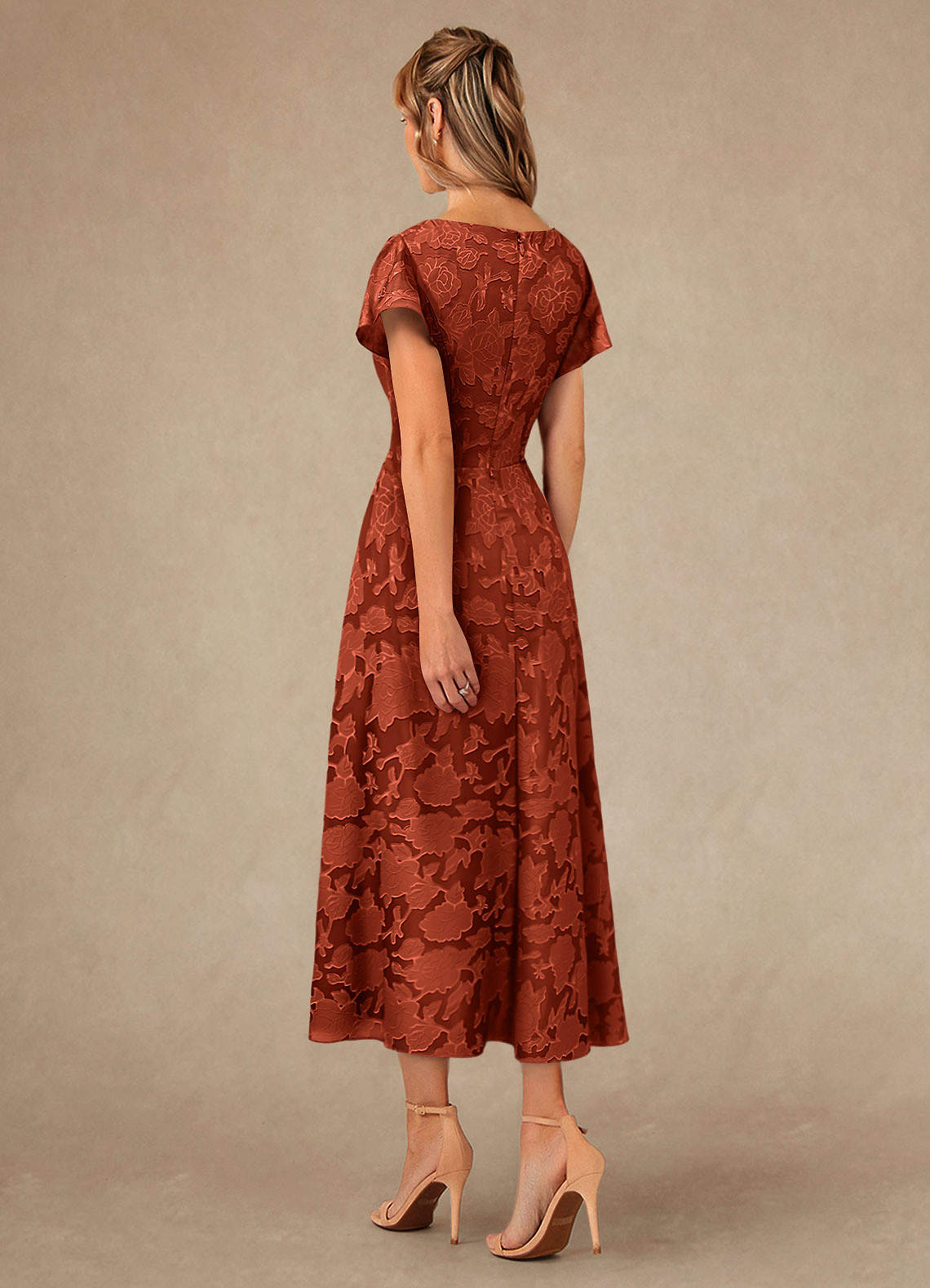 Vera A-Line V-Neck Floral Burnout Mother of the Bride Dress in Auburn