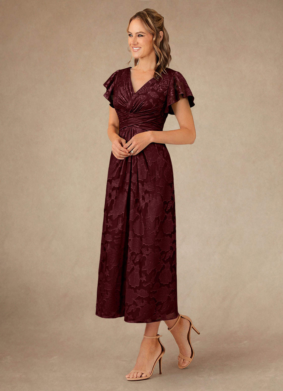 Vera A-Line V-Neck Floral Burnout Mother of the Bride Dress in Cabernet