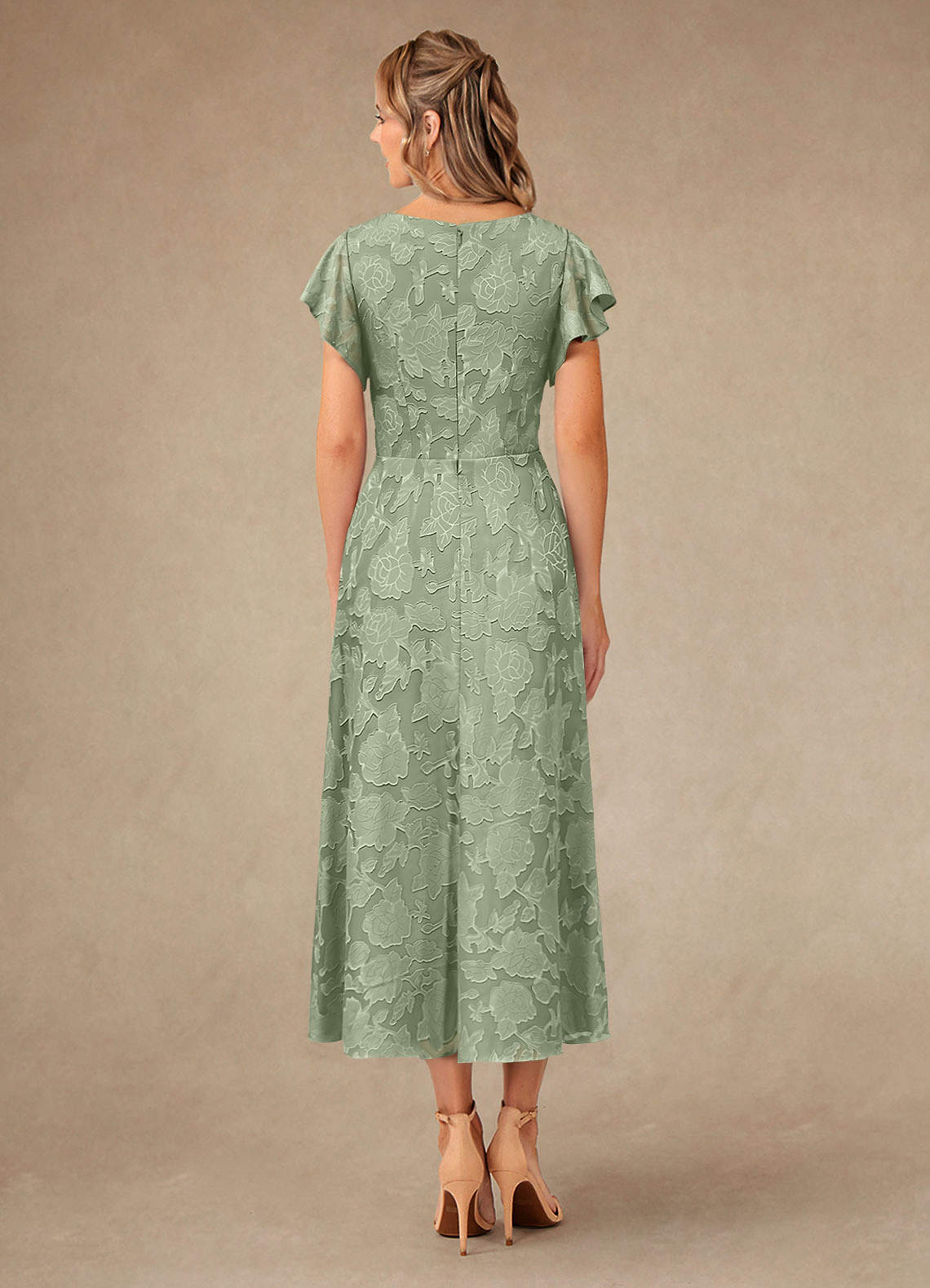 Vera A-Line V-Neck Floral Burnout Mother of the Bride Dress in Dusty Sage