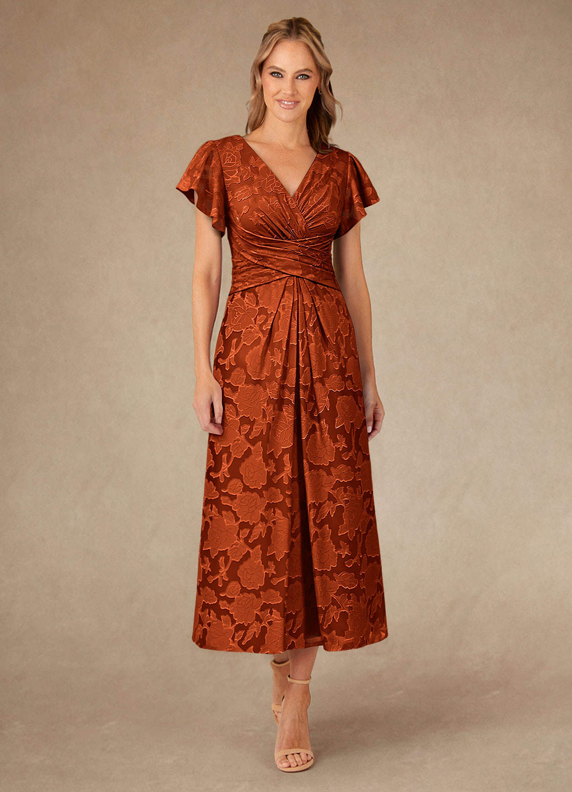 Vera A-Line V-Neck Floral Burnout Mother of the Bride Dress in Paprika