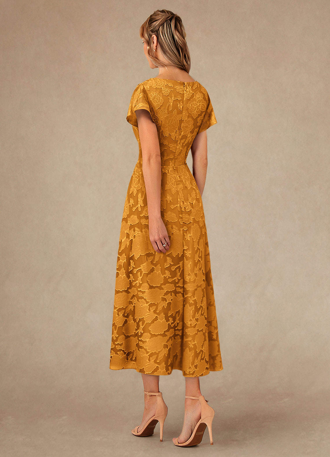 Vera A-Line V-Neck Floral Burnout Mother of the Bride Dress in butterscotch