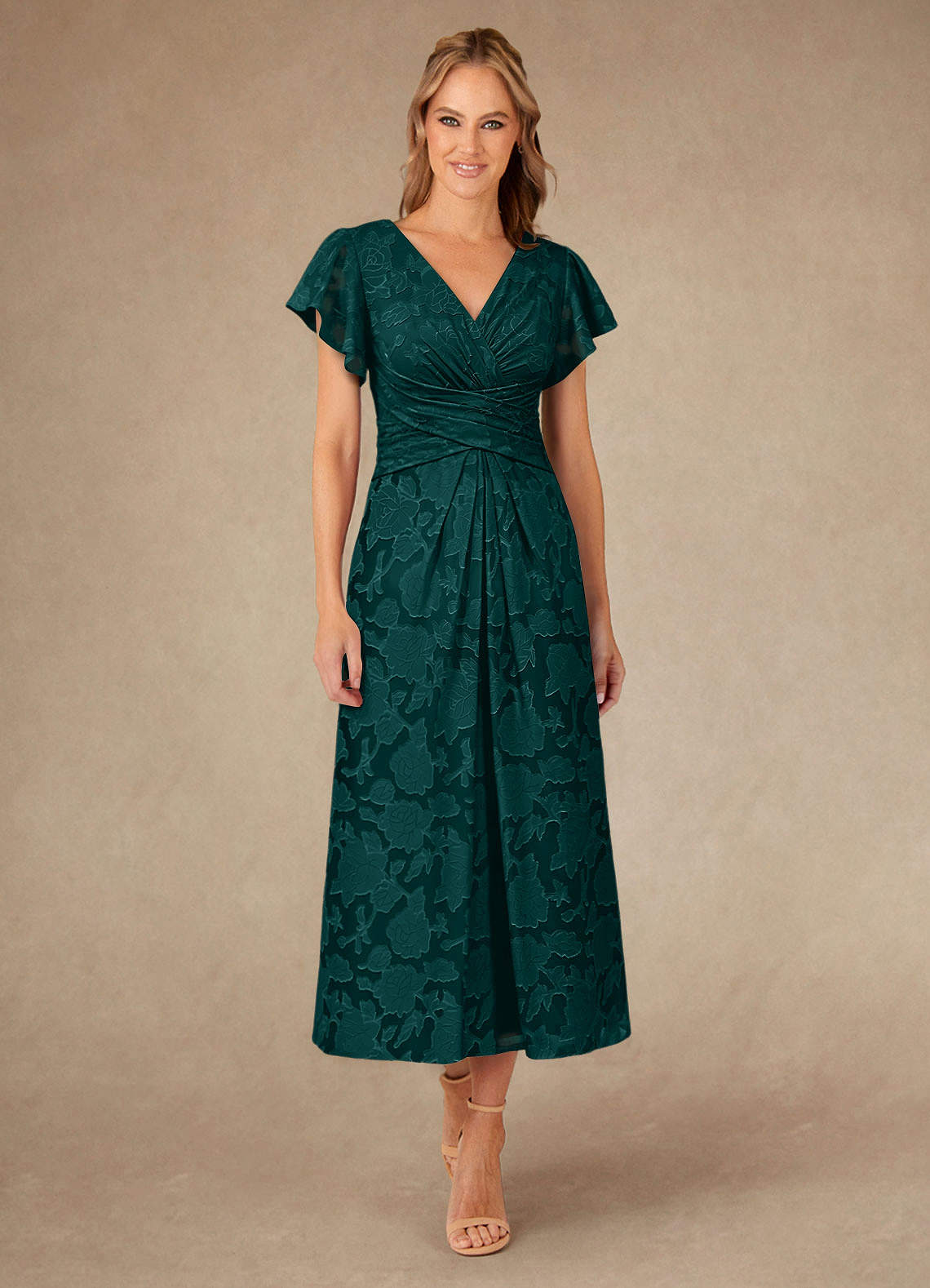 Vera A-Line V-Neck Floral Burnout Mother of the Bride Dress in Pine
