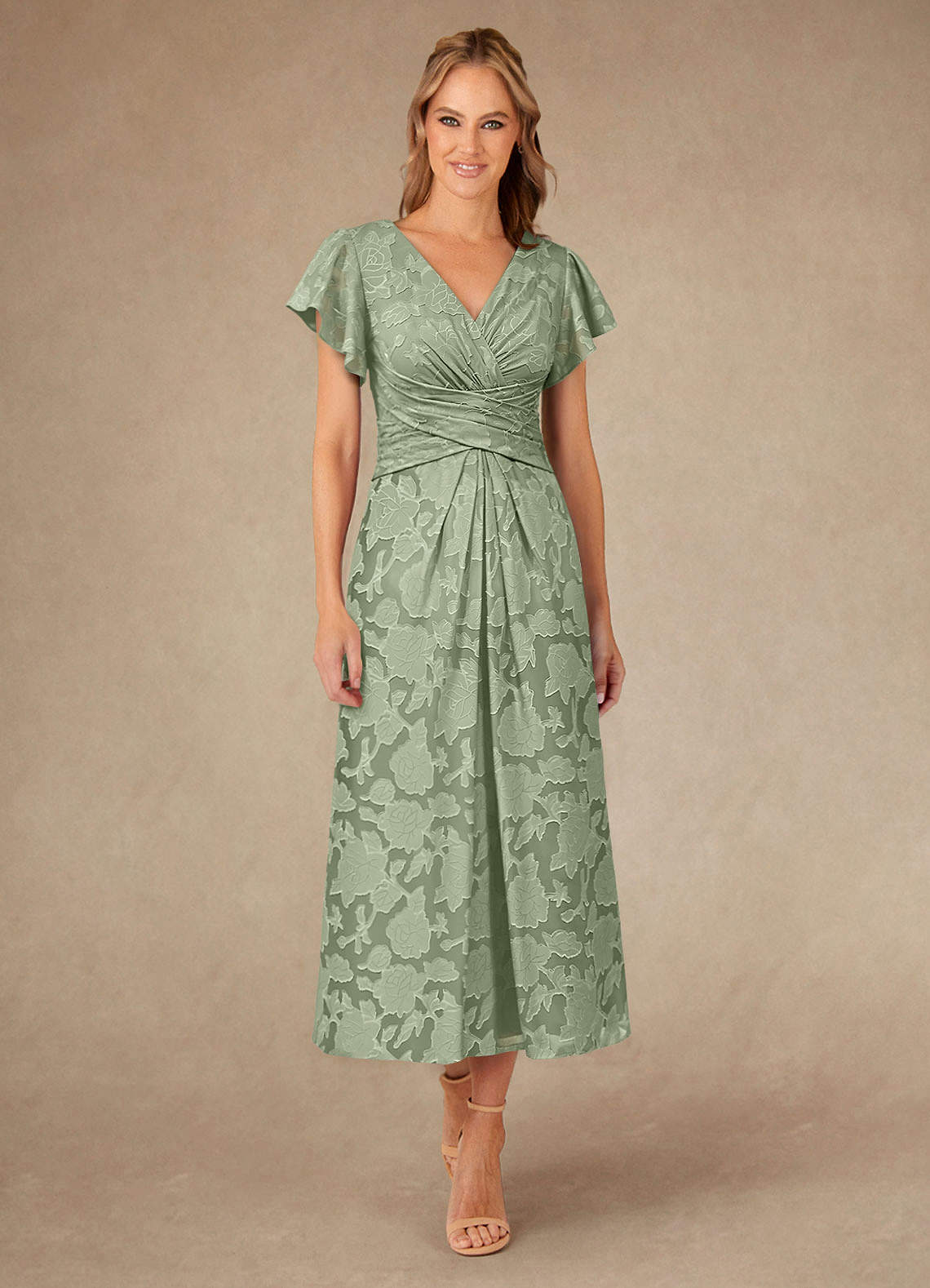 Vera A-Line V-Neck Floral Burnout Mother of the Bride Dress in Dusty Sage