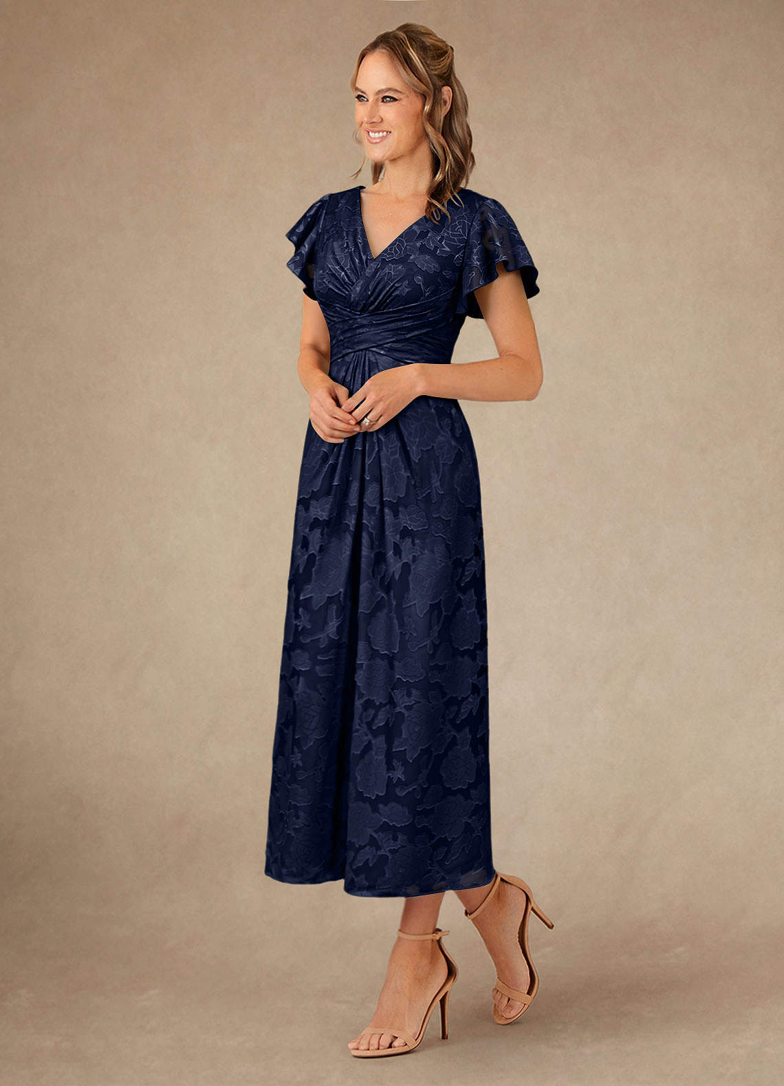 Vera A-Line V-Neck Floral Burnout Mother of the Bride Dress in Dark Navy