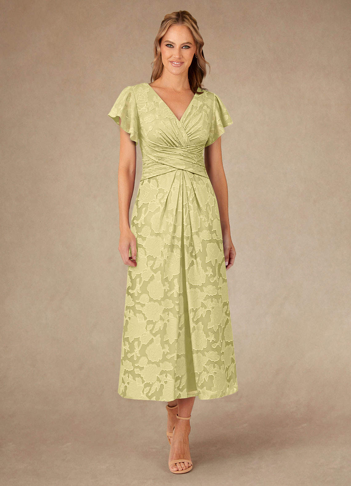 Vera A-Line V-Neck Floral Burnout Mother of the Bride Dress in Lemon Sorbet