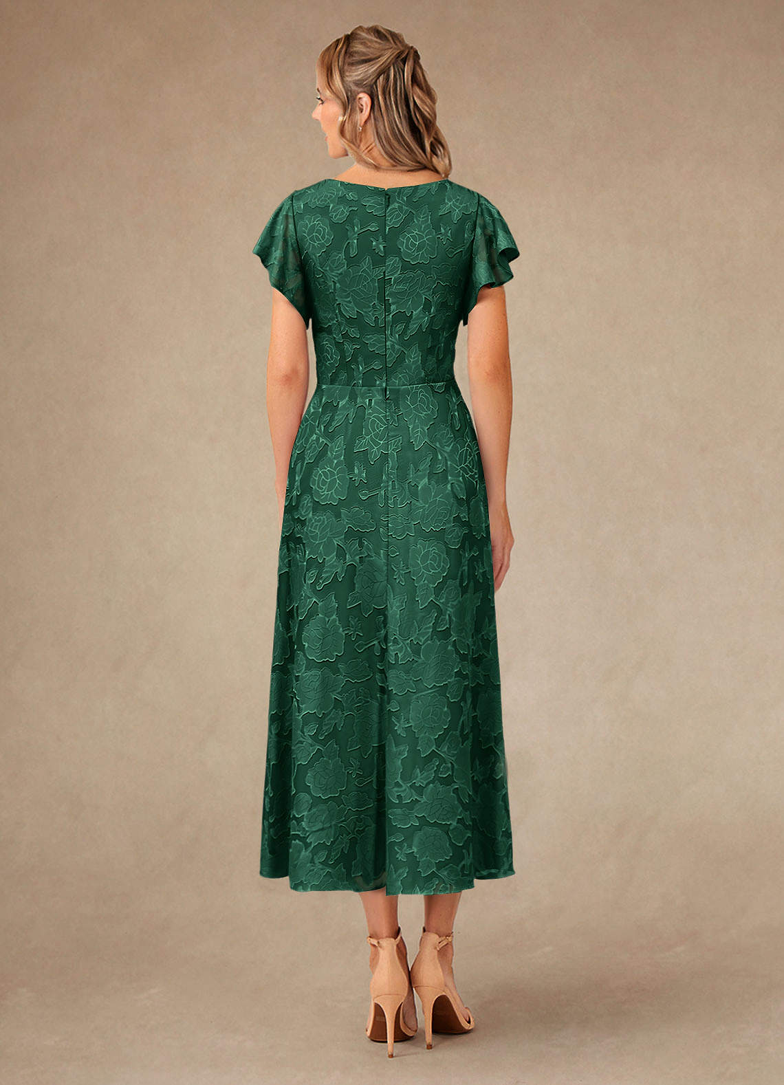 Vera A-Line V-Neck Floral Burnout Mother of the Bride Dress in Dark Green