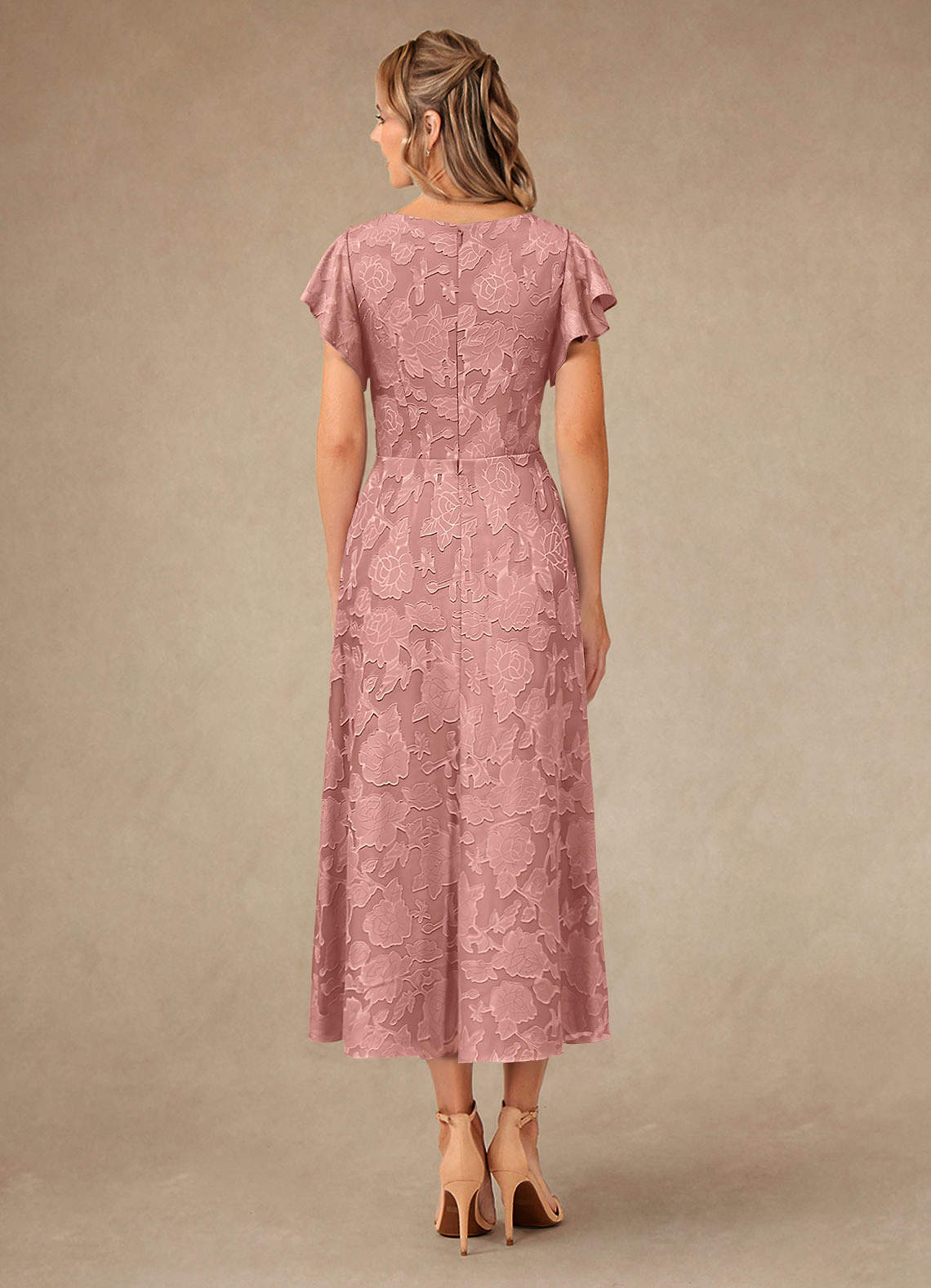 Vera A-Line V-Neck Floral Burnout Mother of the Bride Dress in Rosette