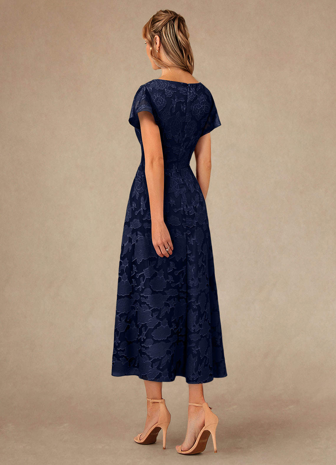 Vera A-Line V-Neck Floral Burnout Mother of the Bride Dress in Dark Navy