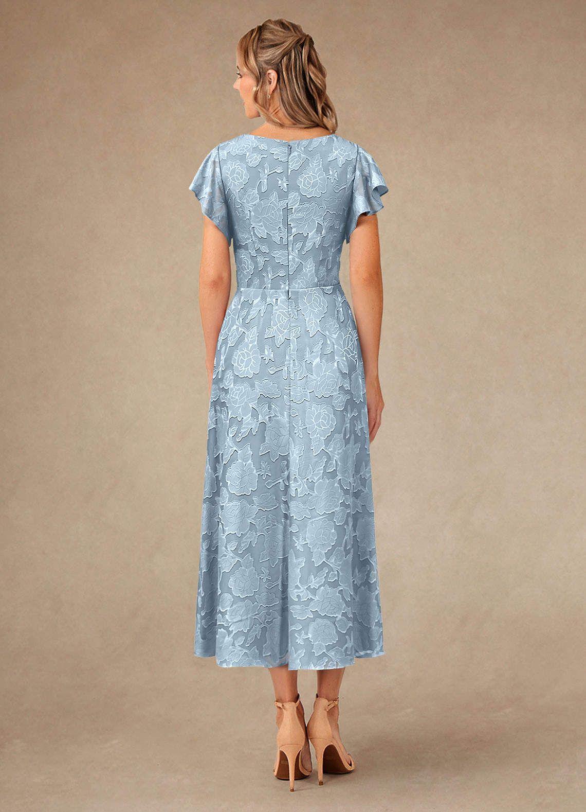 Vera A-Line V-Neck Floral Burnout Mother of the Bride Dress in Sky Blue
