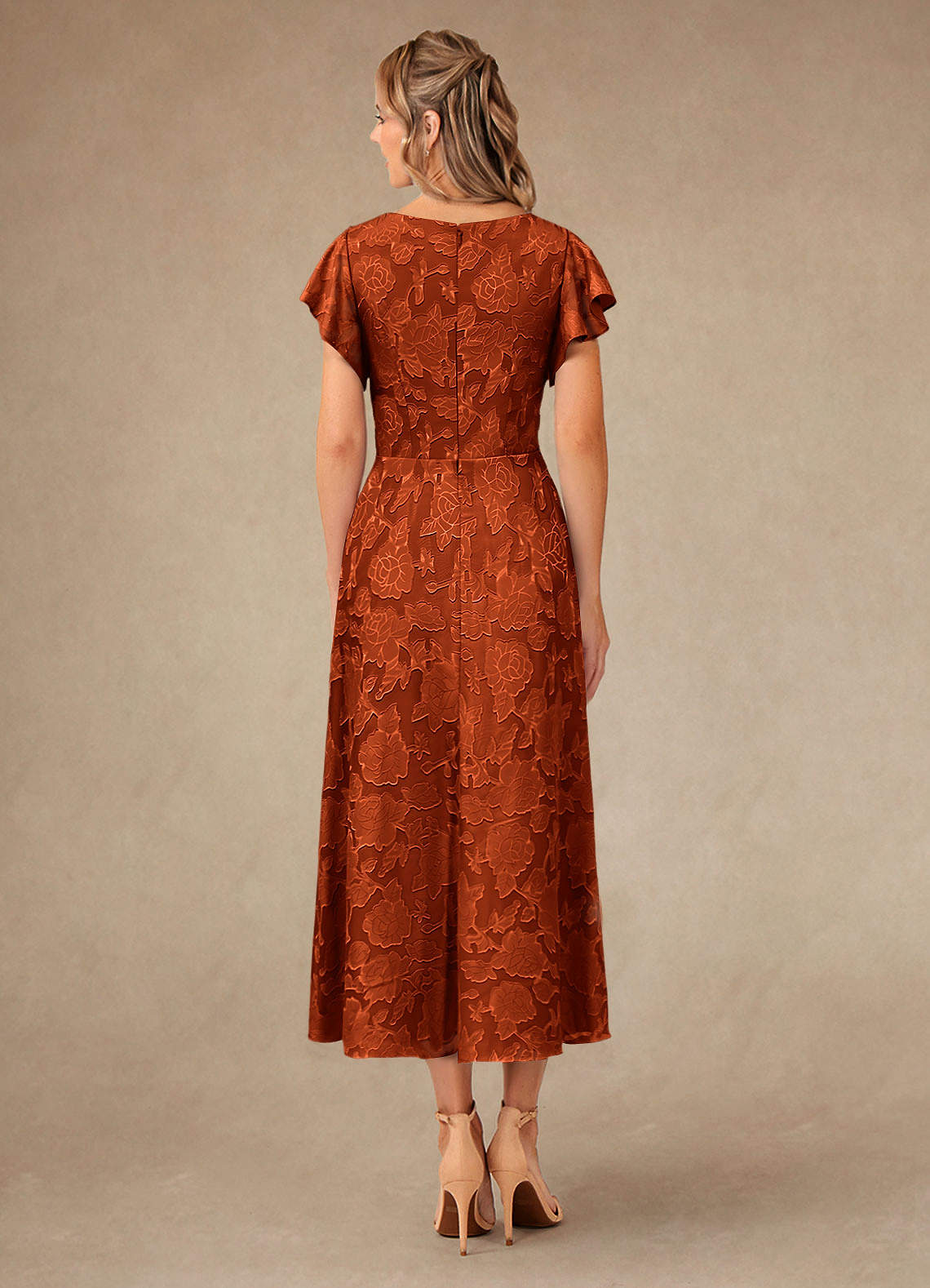 Vera A-Line V-Neck Floral Burnout Mother of the Bride Dress in Paprika