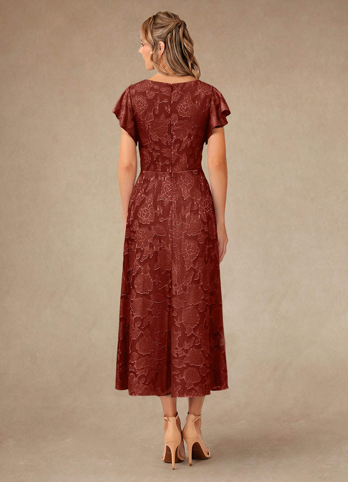 Vera A-Line V-Neck Floral Burnout Mother of the Bride Dress in Terracotta