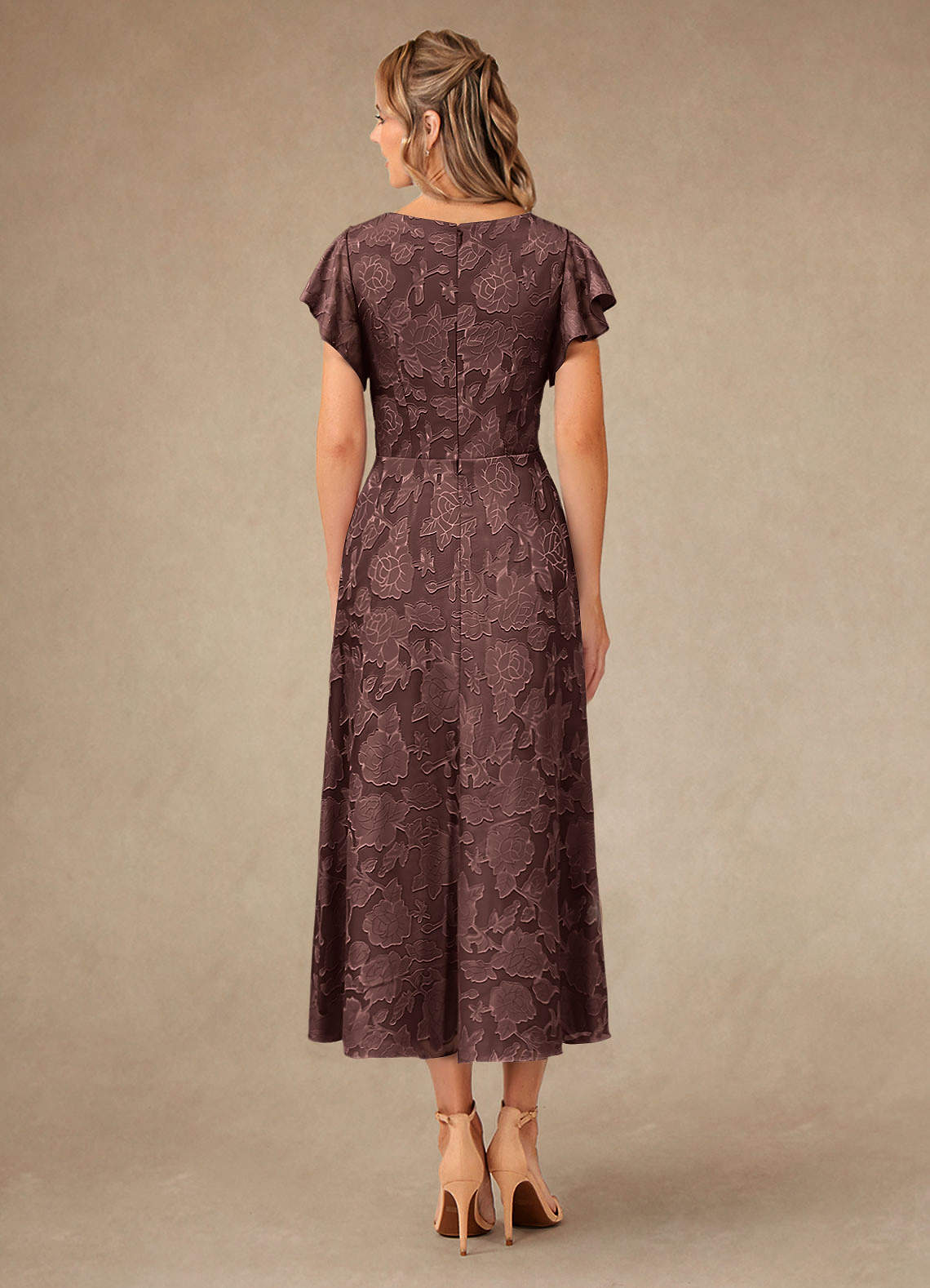Vera A-Line V-Neck Floral Burnout Mother of the Bride Dress in Espresso