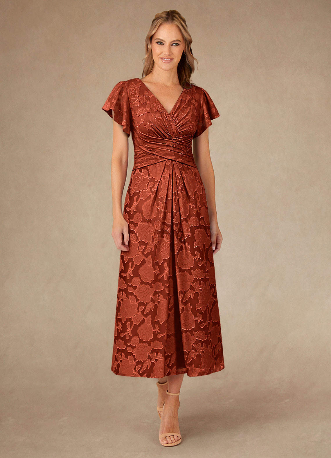 Vera A-Line V-Neck Floral Burnout Mother of the Bride Dress in Auburn