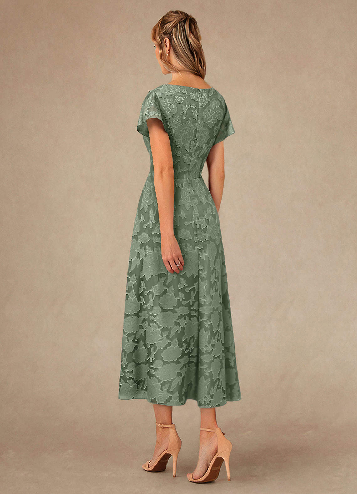 Vera A-Line V-Neck Floral Burnout Mother of the Bride Dress in matcha