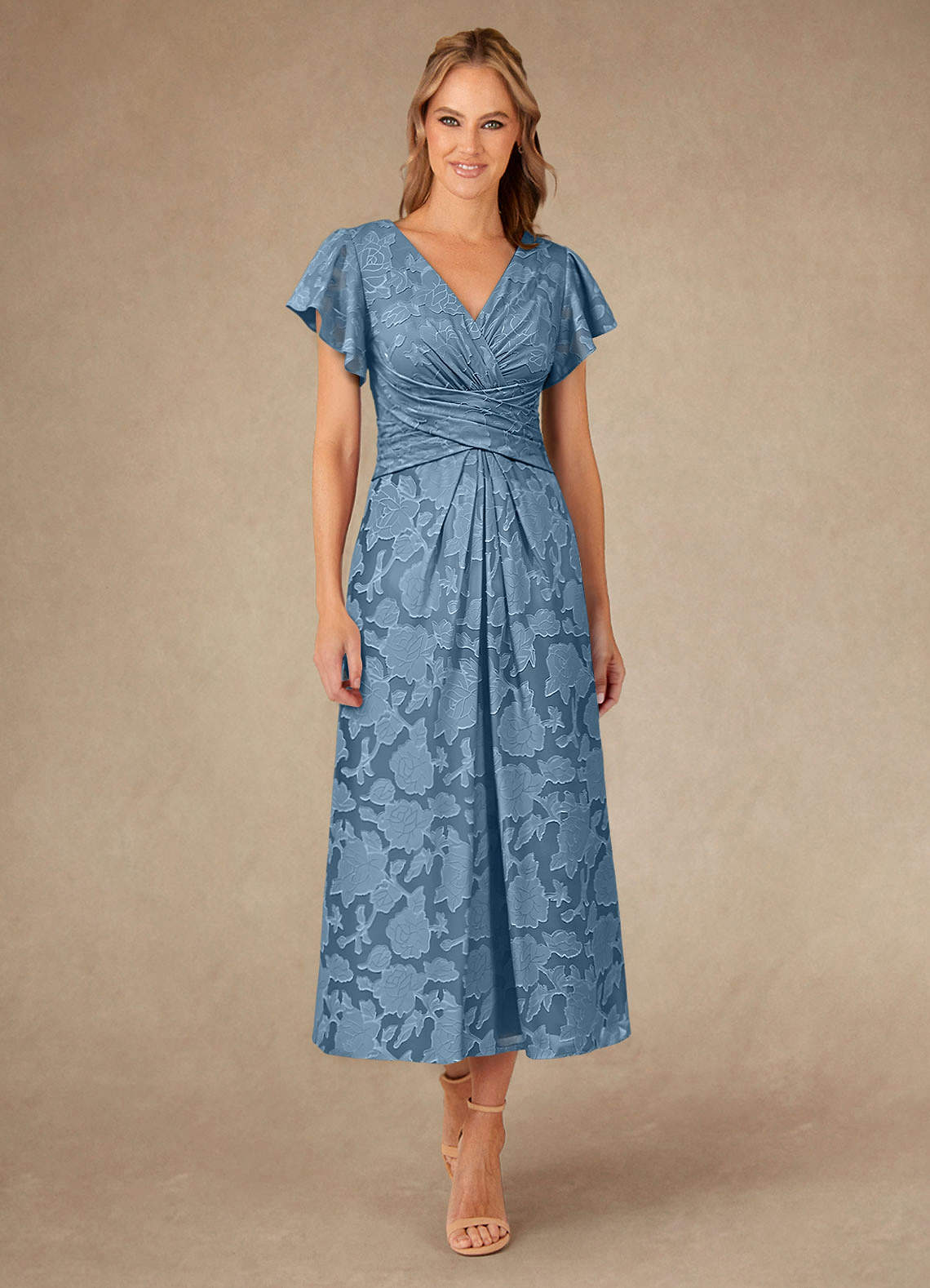 Vera A-Line V-Neck Floral Burnout Mother of the Bride Dress in Steel Blue