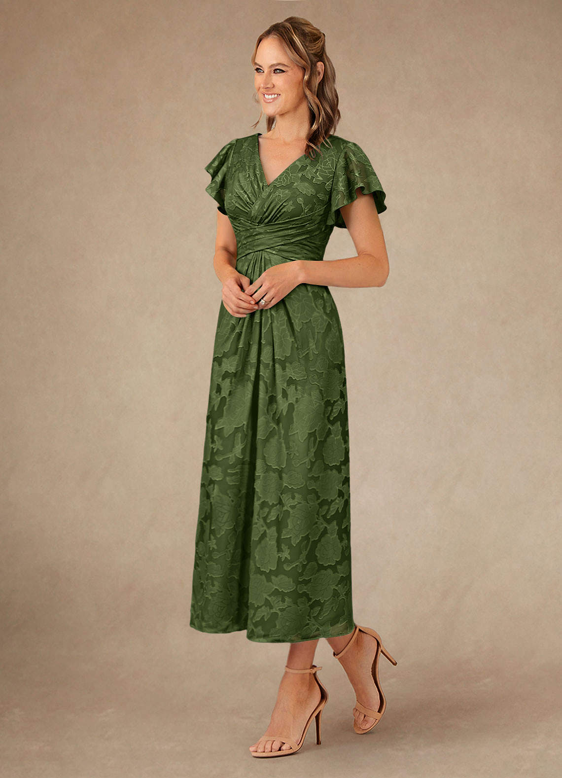 Vera A-Line V-Neck Floral Burnout Mother of the Bride Dress in Olive