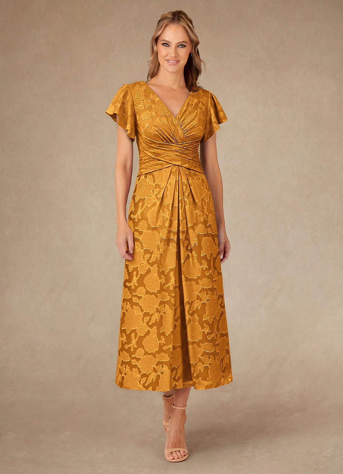 Vera A-Line V-Neck Floral Burnout Mother of the Bride Dress in butterscotch