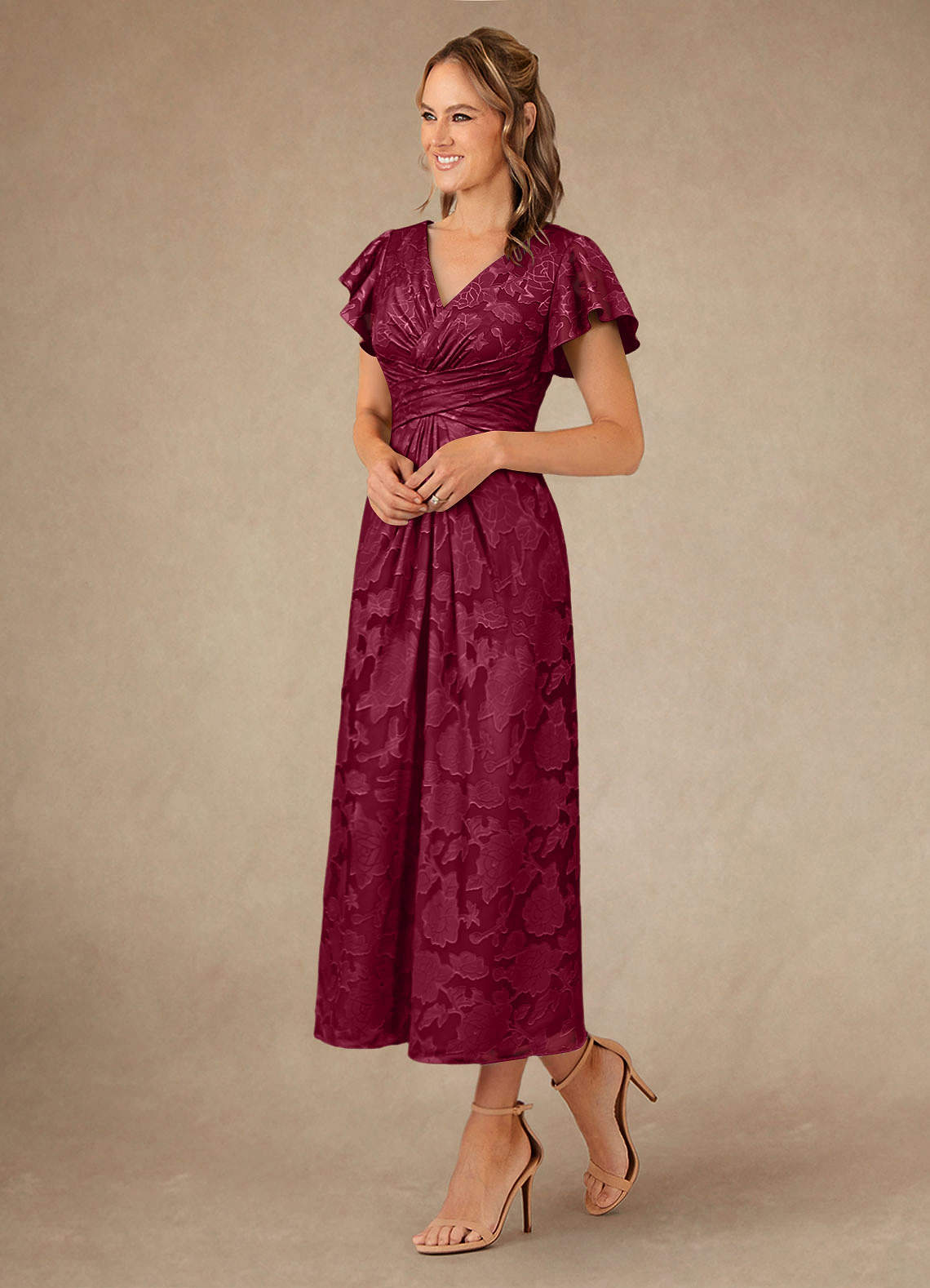 Vera A-Line V-Neck Floral Burnout Mother of the Bride Dress in Burgundy