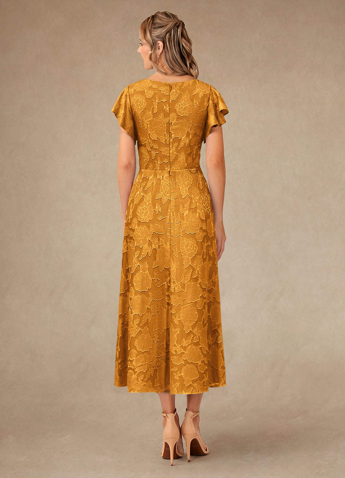 Vera A-Line V-Neck Floral Burnout Mother of the Bride Dress in butterscotch
